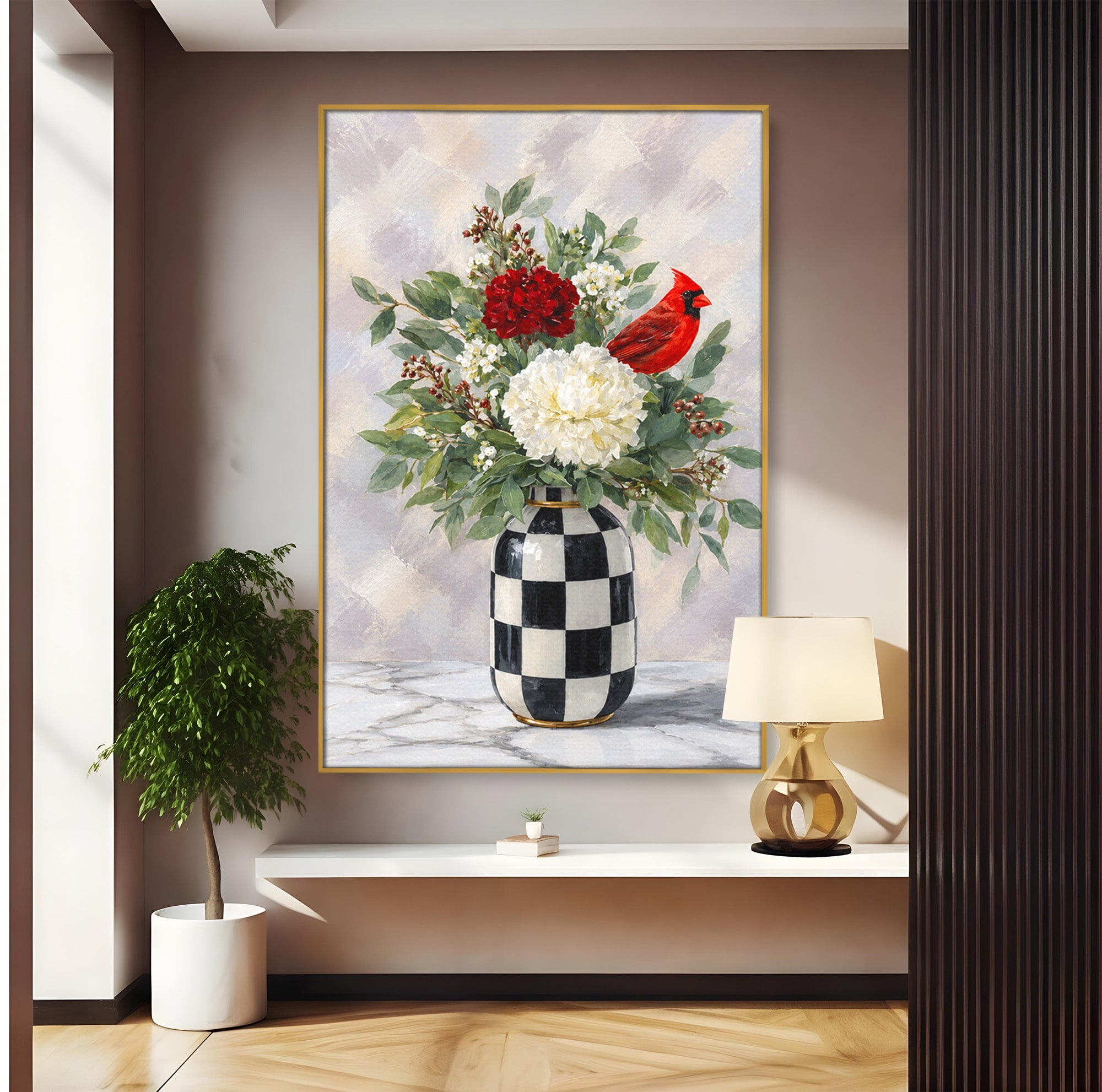 Tablou Canvas Premium LuxCanva® M1614, Vas Cu Flori Si Pasare, Flori, Pasare, Vas, Natura, Living, Dormitor, Culori Vibrante