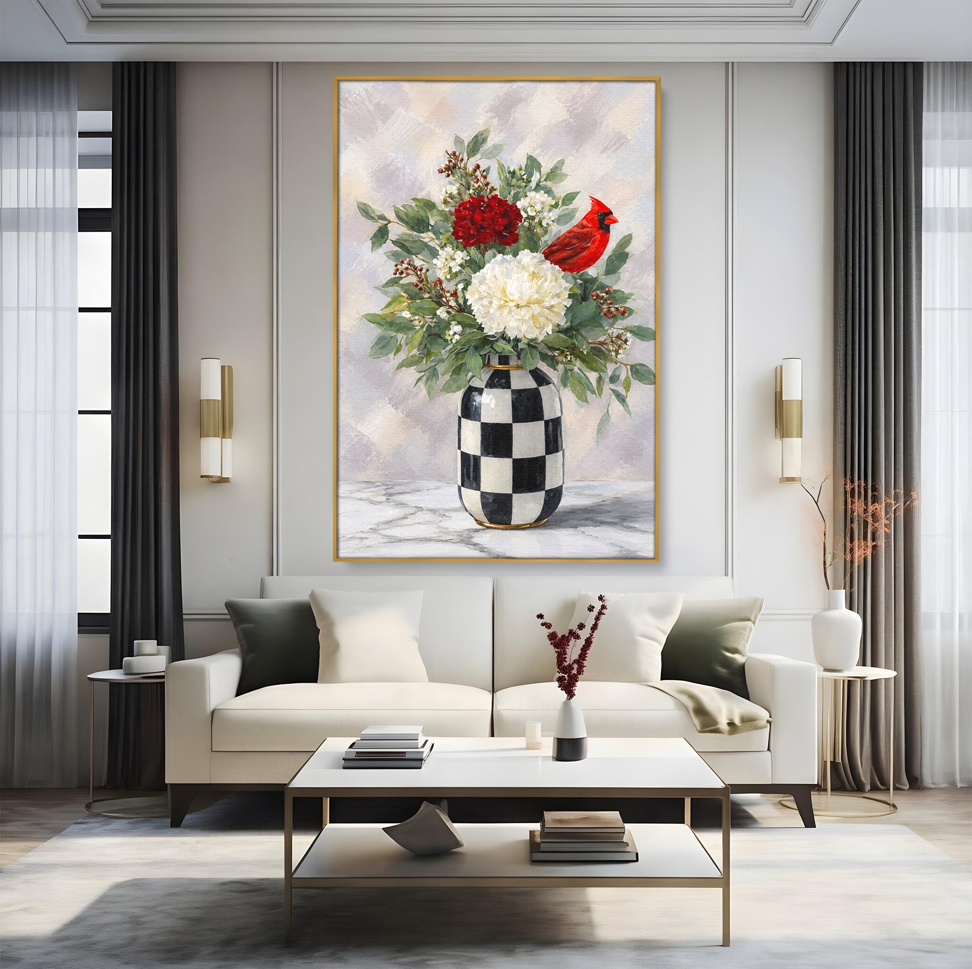 Tablou Canvas Premium LuxCanva® M1614, Vas Cu Flori Si Pasare, Flori, Pasare, Vas, Natura, Living, Dormitor, Culori Vibrante