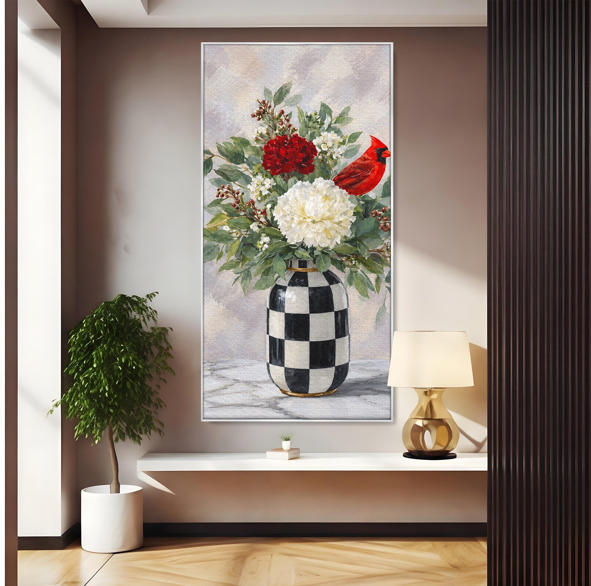 Tablou Canvas Premium LuxCanva® M1614, Vas Cu Flori Si Pasare, Flori, Pasare, Vas, Natura, Living, Dormitor, Culori Vibrante