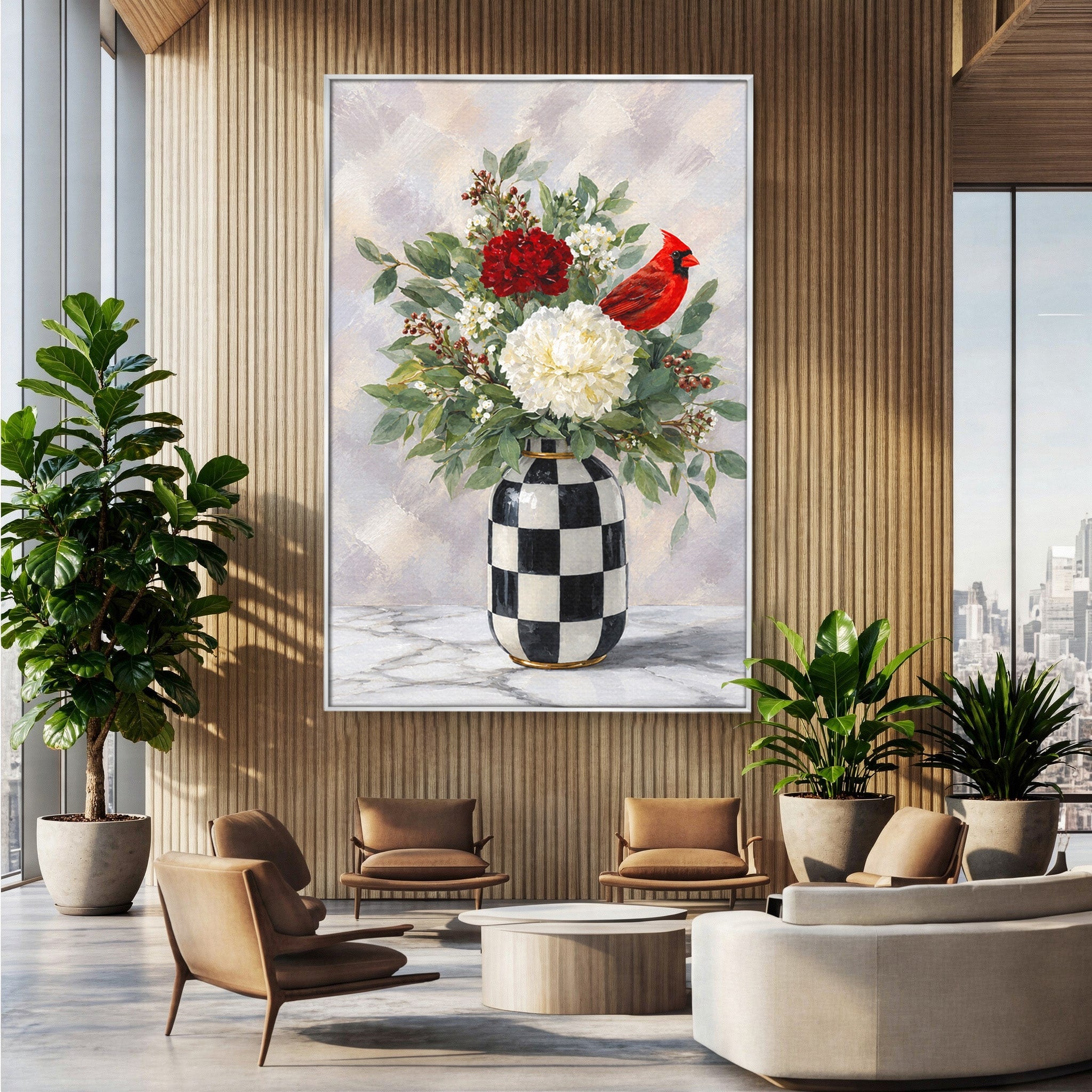 Tablou Canvas Premium LuxCanva® M1614, Vas Cu Flori Si Pasare, Flori, Pasare, Vas, Natura, Living, Dormitor, Culori Vibrante