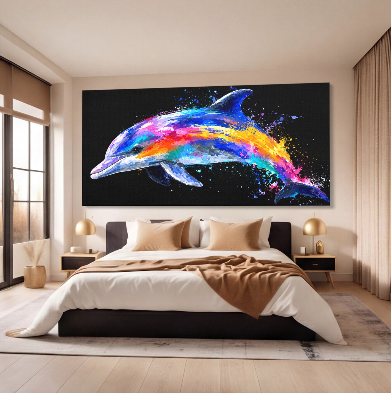 Tablou Canvas Premium LuxCanva® M1616, Delfinul Curcubeu, Delfin, Curcubeu, Ocean, Arta Abstracta, Living, Culori Vibrante