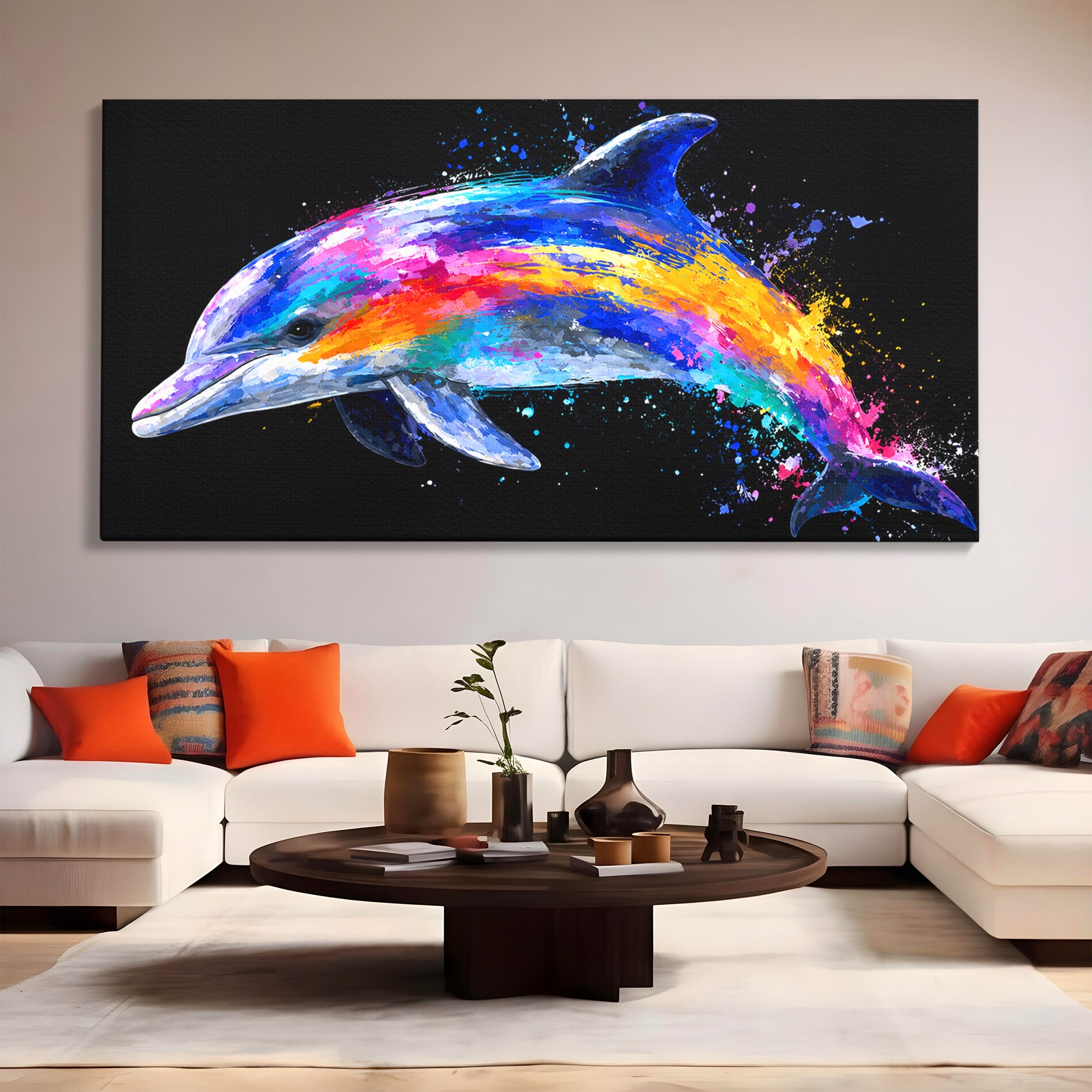 Tablou Canvas Premium LuxCanva® M1616, Delfinul Curcubeu, Delfin, Curcubeu, Ocean, Arta Abstracta, Living, Culori Vibrante