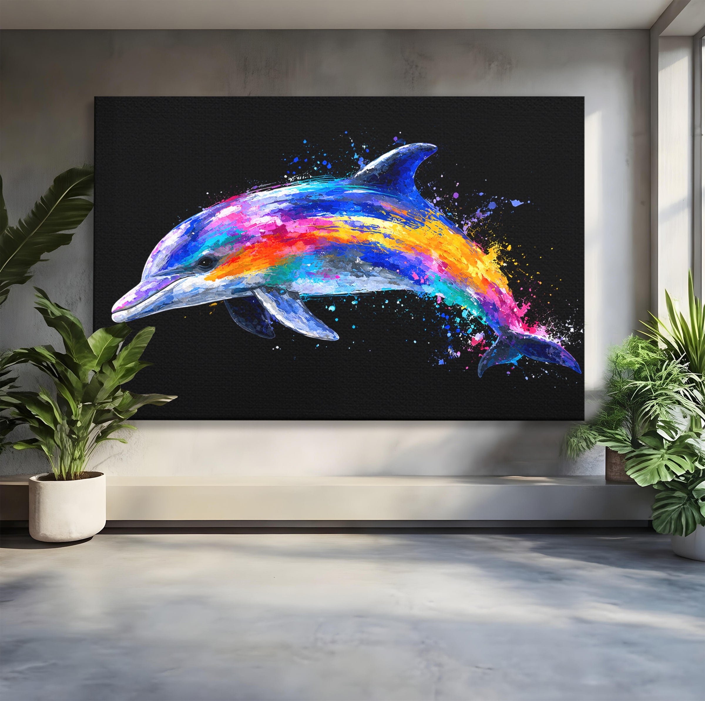 Tablou Canvas Premium LuxCanva® M1616, Delfinul Curcubeu, Delfin, Curcubeu, Ocean, Arta Abstracta, Living, Culori Vibrante