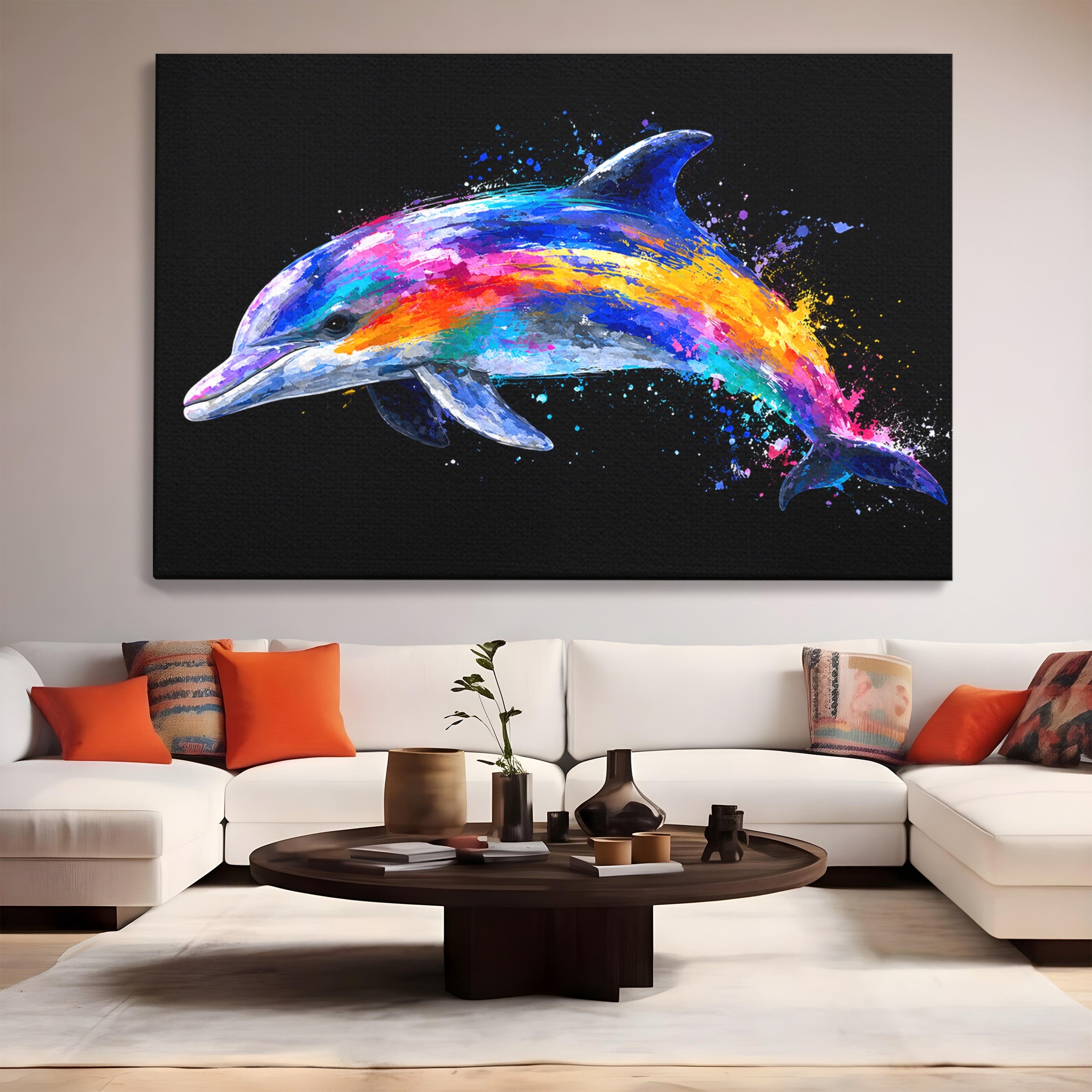 Tablou Canvas Premium LuxCanva® M1616, Delfinul Curcubeu, Delfin, Curcubeu, Ocean, Arta Abstracta, Living, Culori Vibrante