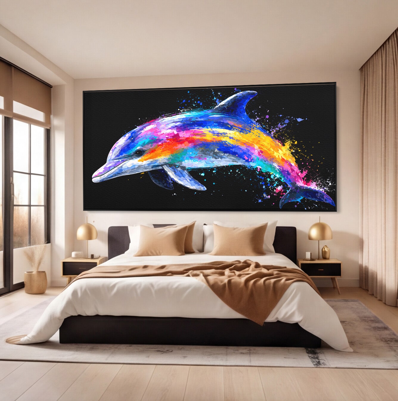Tablou Canvas Premium LuxCanva® M1616, Delfinul Curcubeu, Delfin, Curcubeu, Ocean, Arta Abstracta, Living, Culori Vibrante