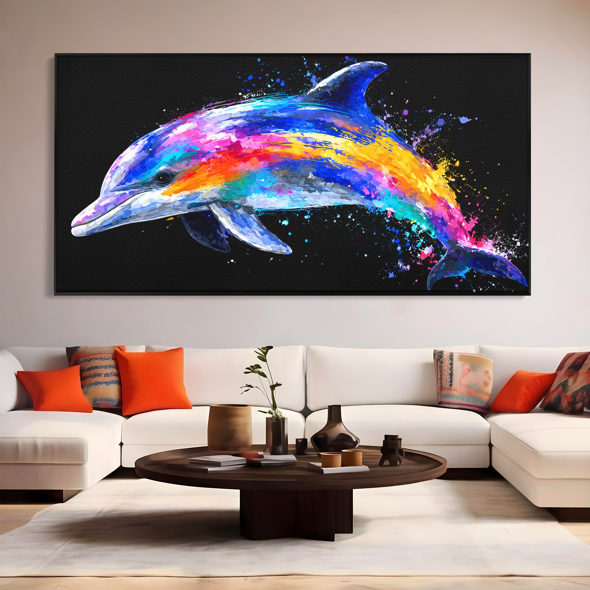Tablou Canvas Premium LuxCanva® M1616, Delfinul Curcubeu, Delfin, Curcubeu, Ocean, Arta Abstracta, Living, Culori Vibrante