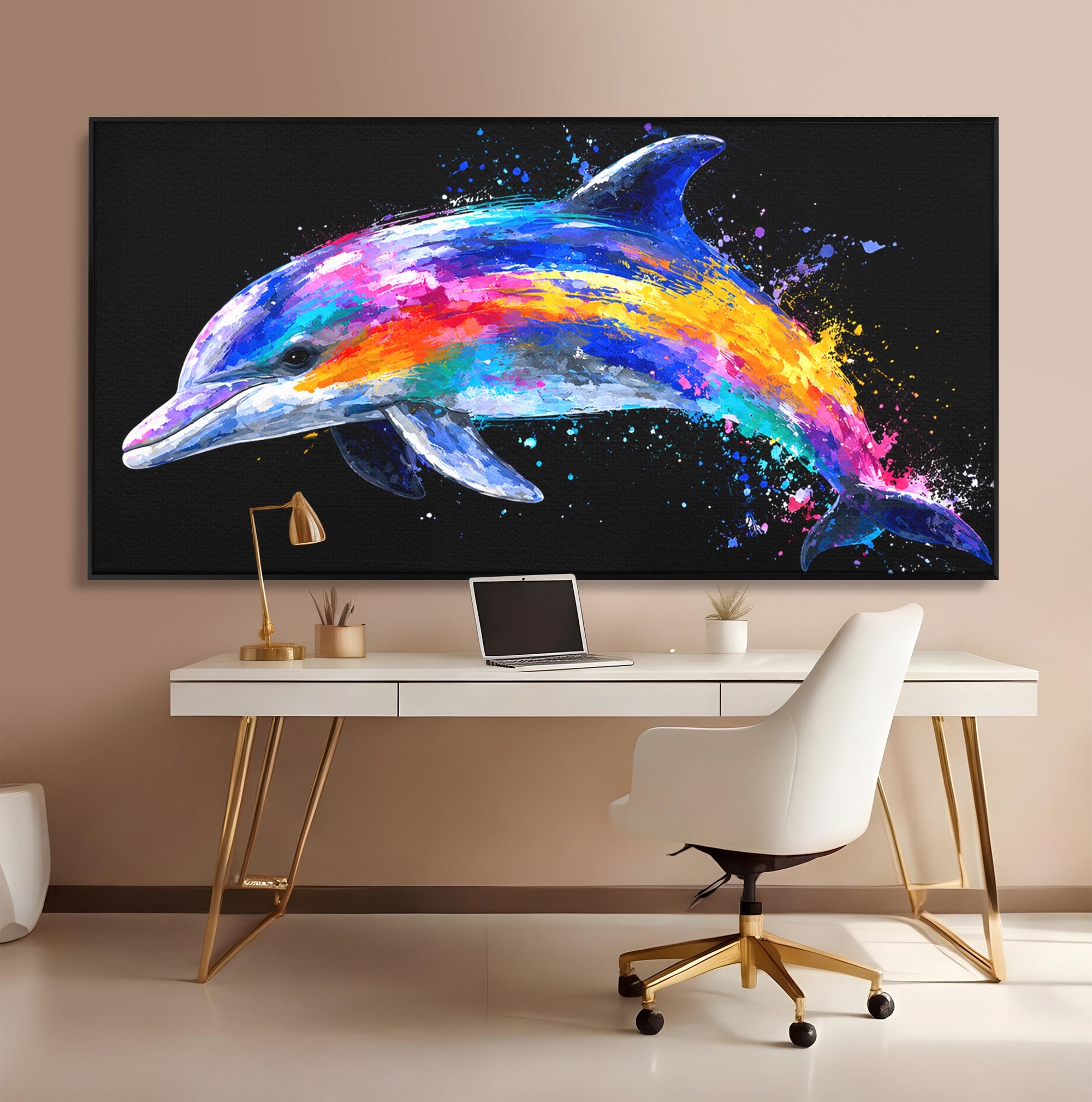 Tablou Canvas Premium LuxCanva® M1616, Delfinul Curcubeu, Delfin, Curcubeu, Ocean, Arta Abstracta, Living, Culori Vibrante