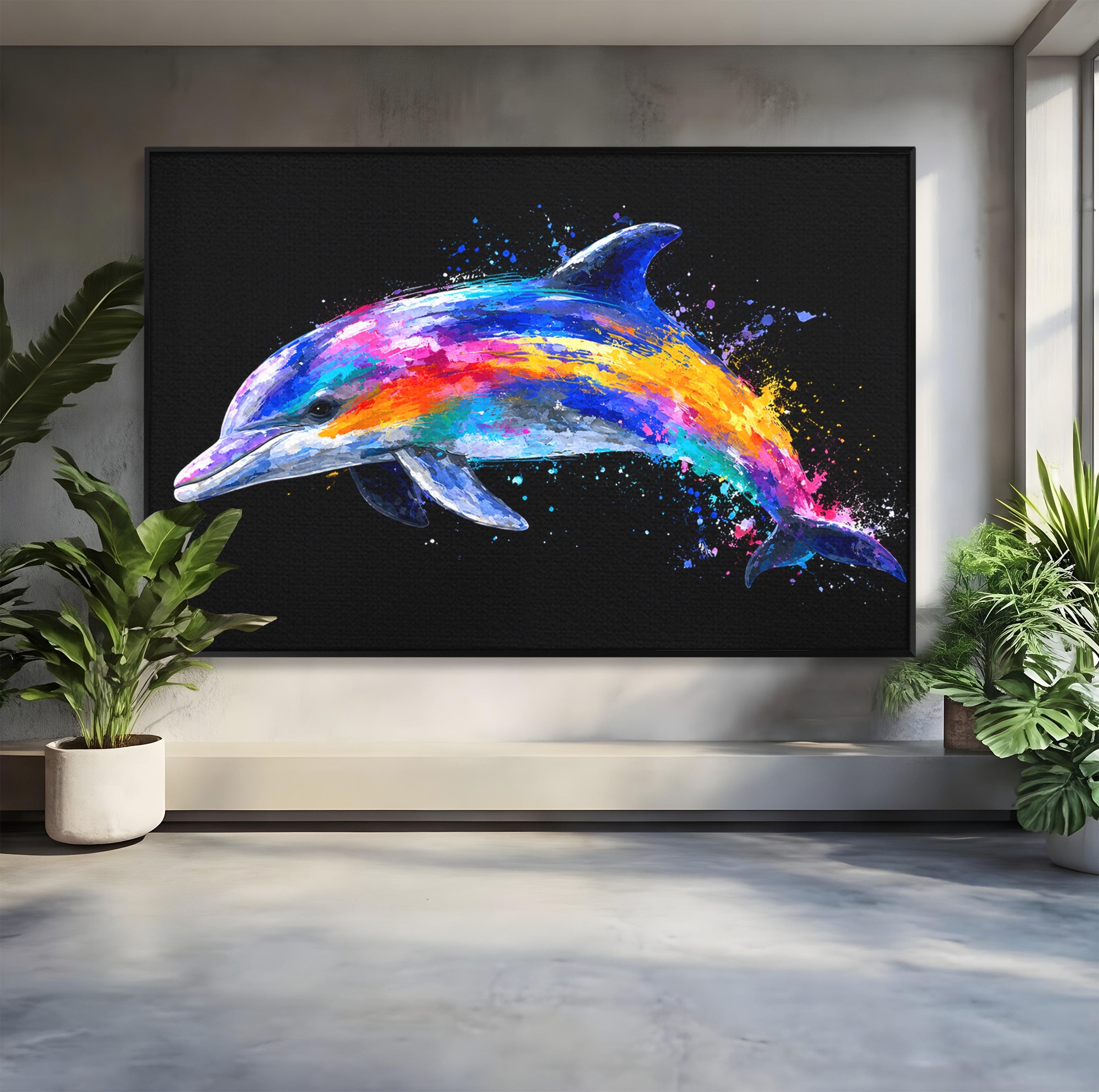 Tablou Canvas Premium LuxCanva® M1616, Delfinul Curcubeu, Delfin, Curcubeu, Ocean, Arta Abstracta, Living, Culori Vibrante