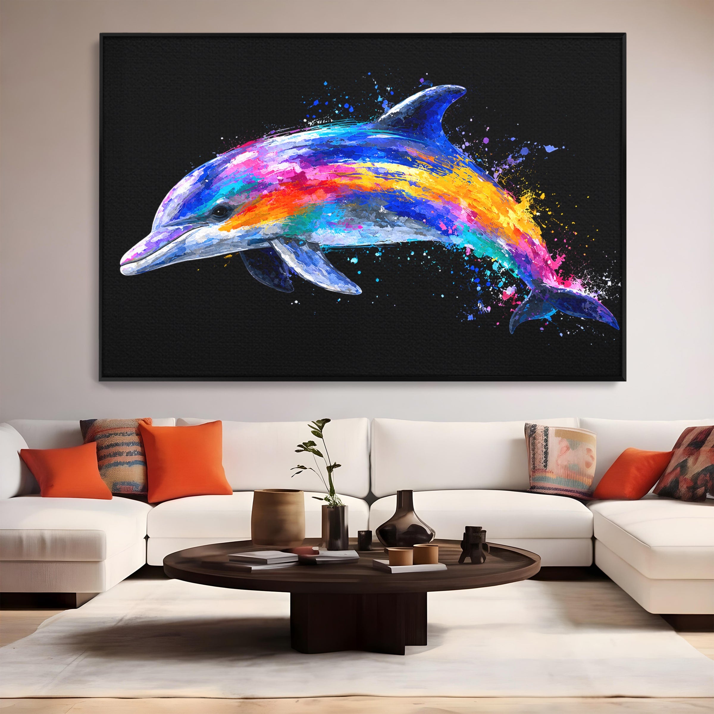 Tablou Canvas Premium LuxCanva® M1616, Delfinul Curcubeu, Delfin, Curcubeu, Ocean, Arta Abstracta, Living, Culori Vibrante