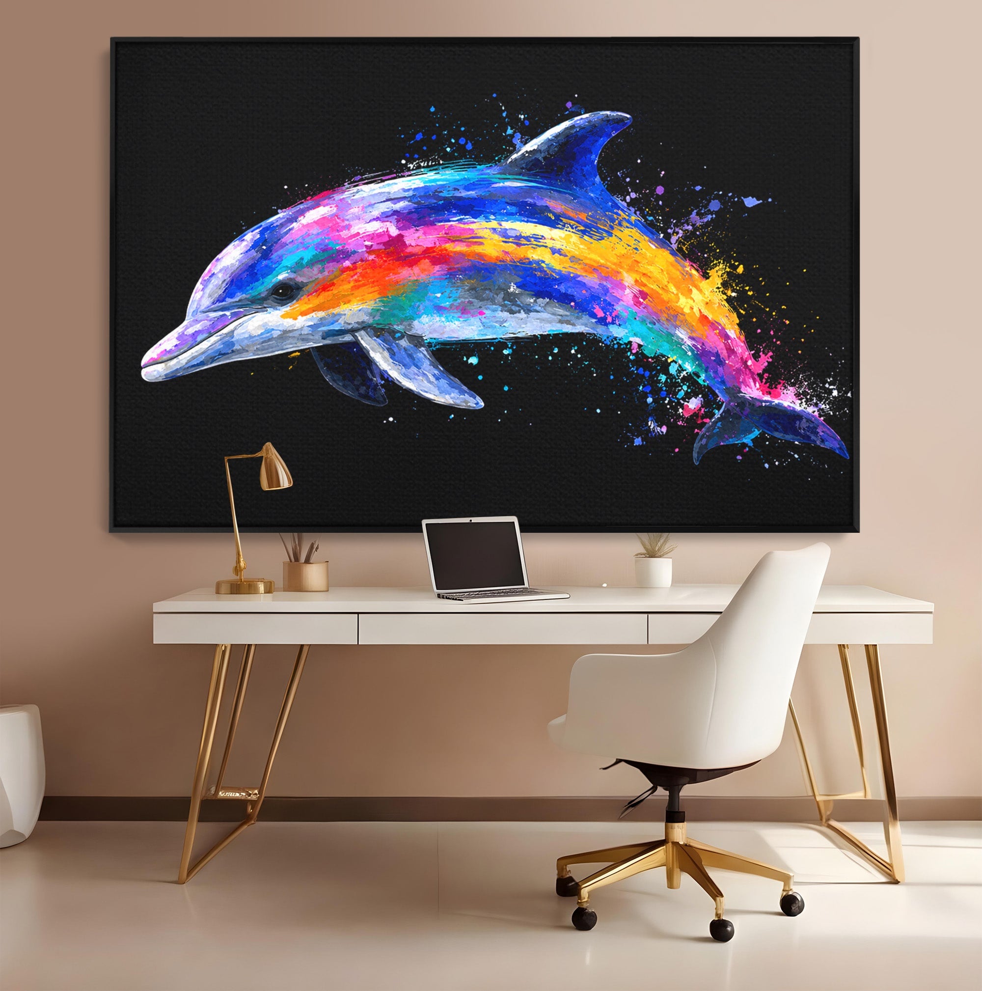 Tablou Canvas Premium LuxCanva® M1616, Delfinul Curcubeu, Delfin, Curcubeu, Ocean, Arta Abstracta, Living, Culori Vibrante