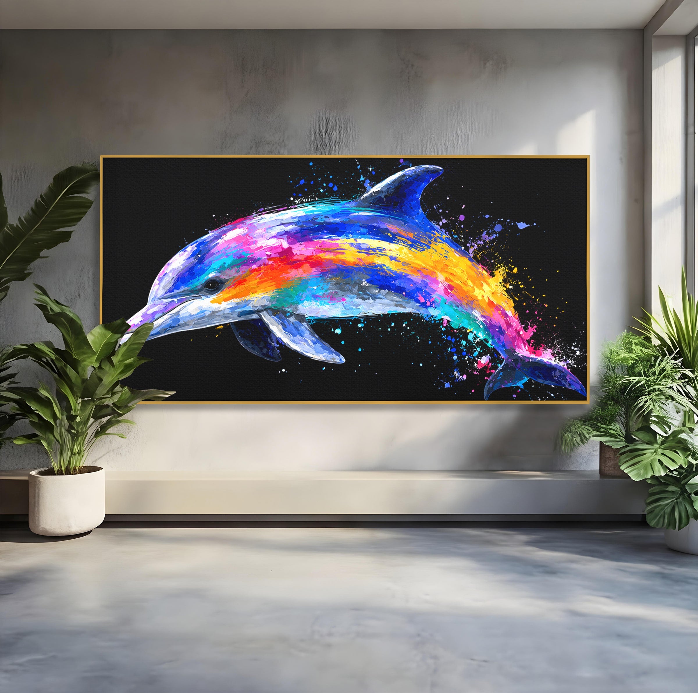 Tablou Canvas Premium LuxCanva® M1616, Delfinul Curcubeu, Delfin, Curcubeu, Ocean, Arta Abstracta, Living, Culori Vibrante