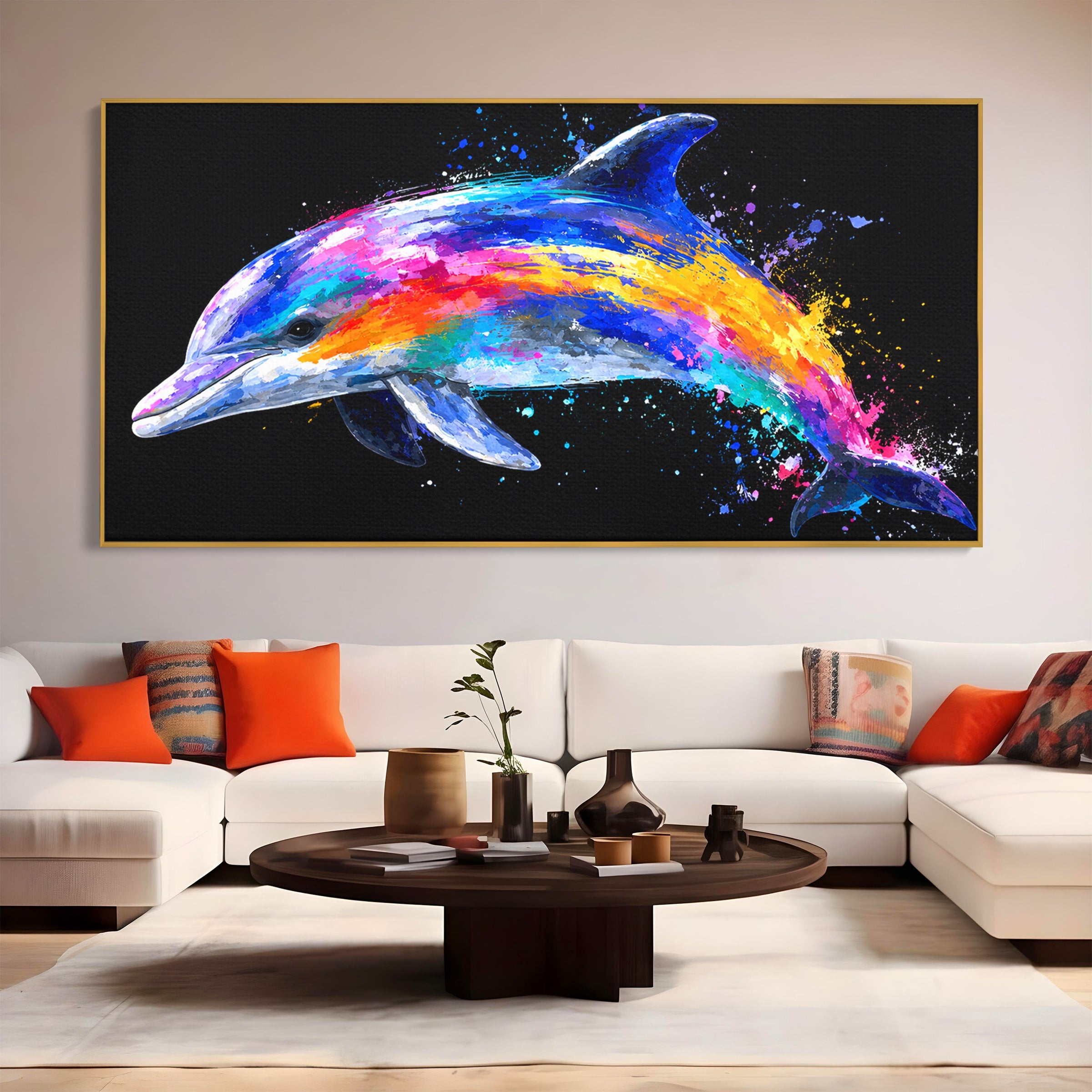 Tablou Canvas Premium LuxCanva® M1616, Delfinul Curcubeu, Delfin, Curcubeu, Ocean, Arta Abstracta, Living, Culori Vibrante