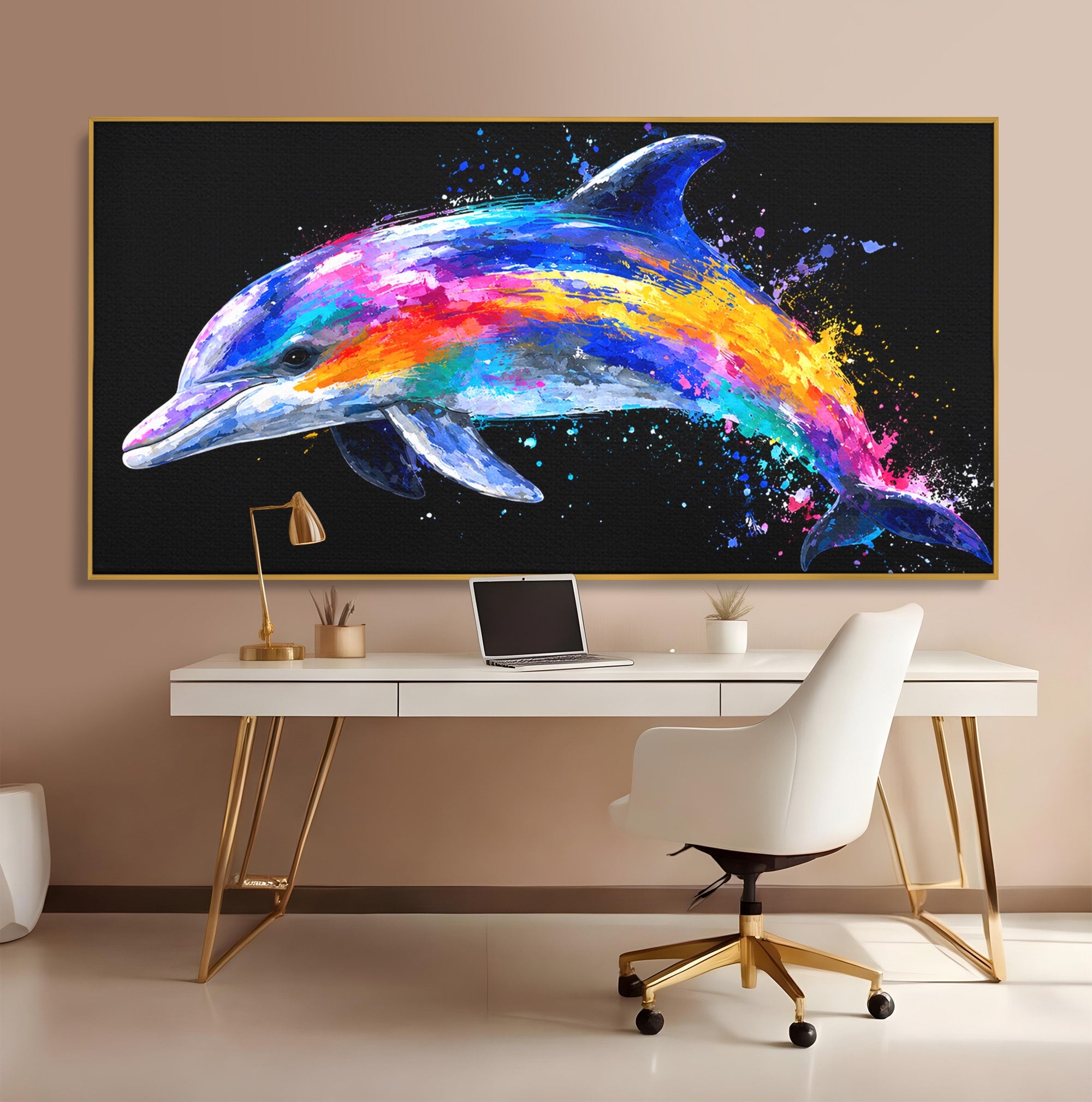 Tablou Canvas Premium LuxCanva® M1616, Delfinul Curcubeu, Delfin, Curcubeu, Ocean, Arta Abstracta, Living, Culori Vibrante