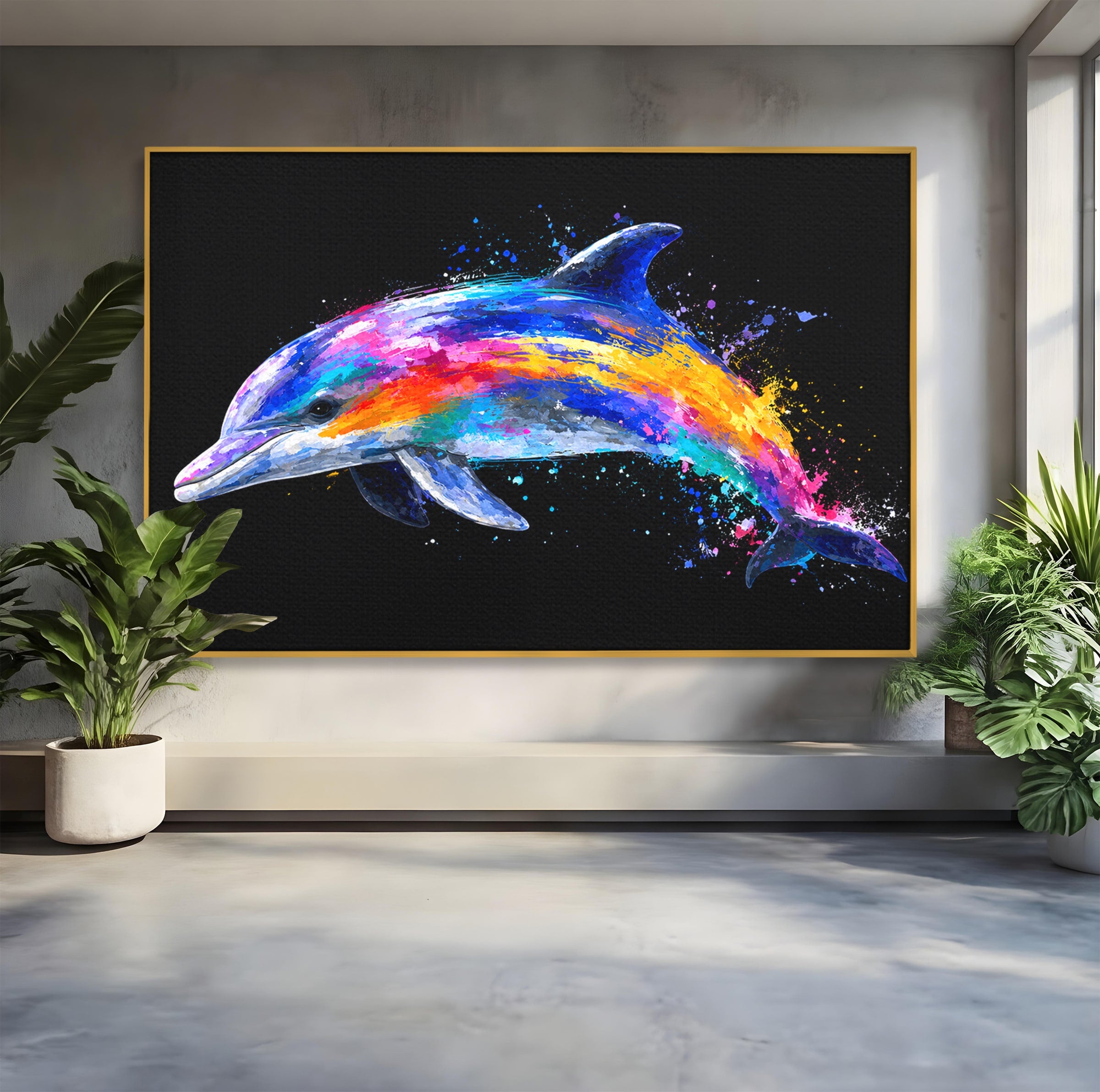 Tablou Canvas Premium LuxCanva® M1616, Delfinul Curcubeu, Delfin, Curcubeu, Ocean, Arta Abstracta, Living, Culori Vibrante