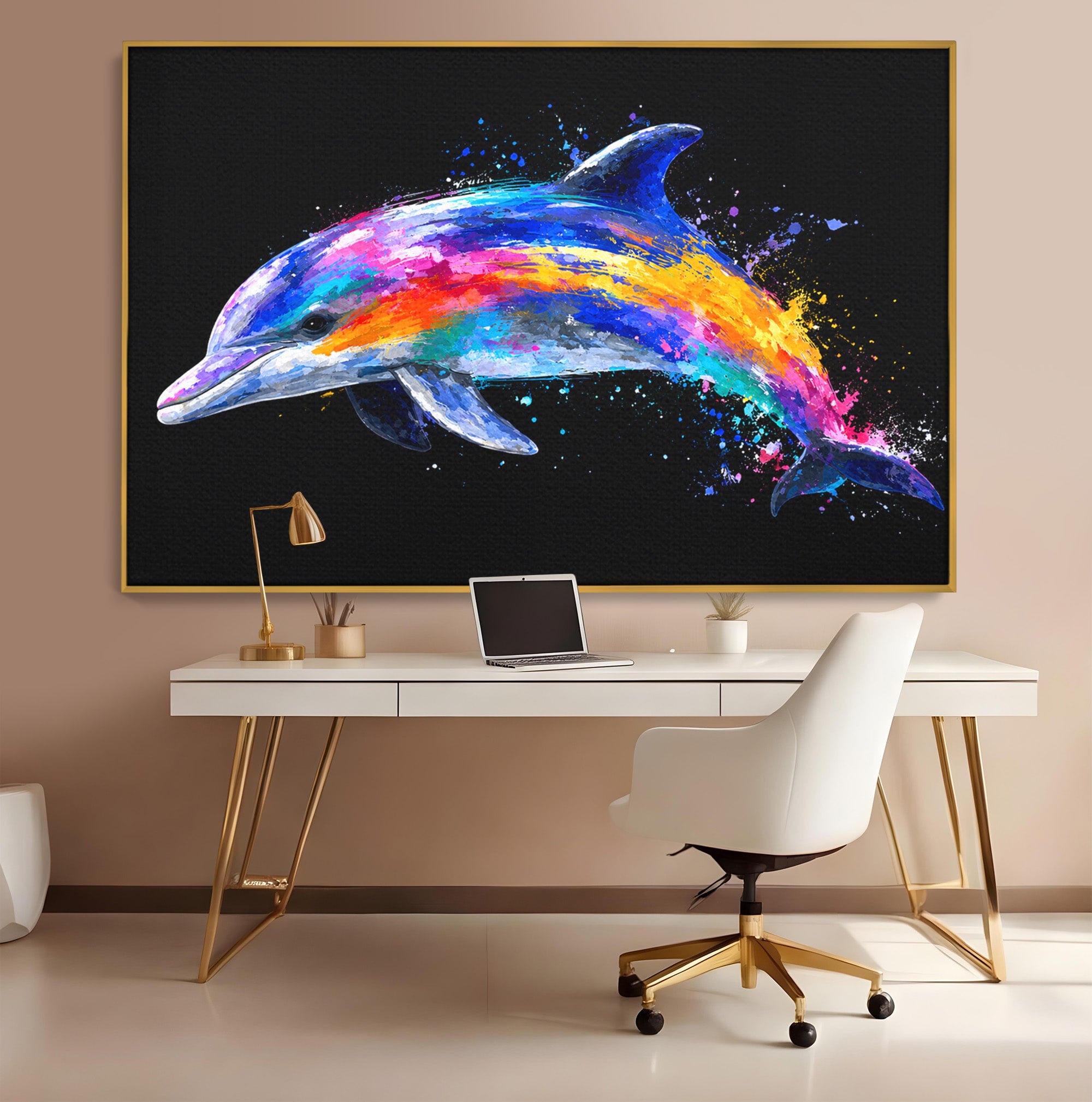 Tablou Canvas Premium LuxCanva® M1616, Delfinul Curcubeu, Delfin, Curcubeu, Ocean, Arta Abstracta, Living, Culori Vibrante