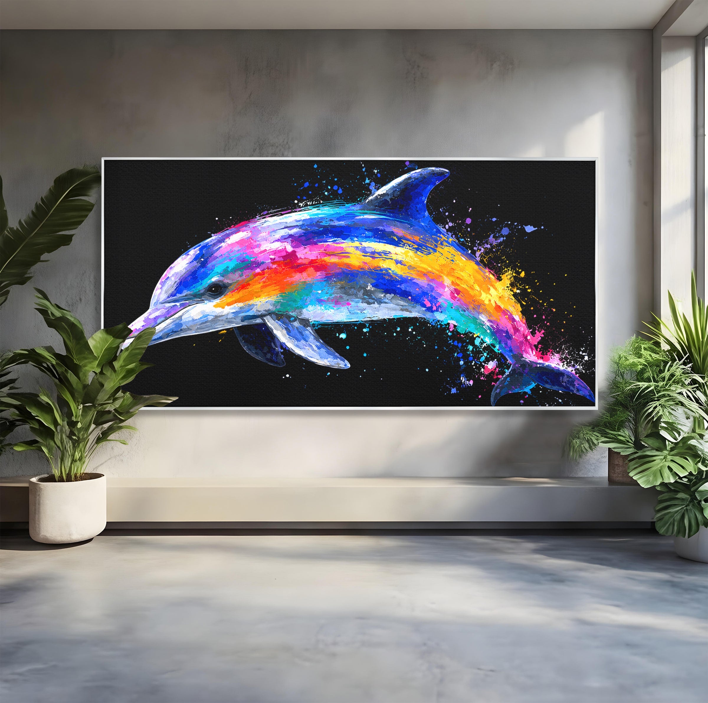 Tablou Canvas Premium LuxCanva® M1616, Delfinul Curcubeu, Delfin, Curcubeu, Ocean, Arta Abstracta, Living, Culori Vibrante