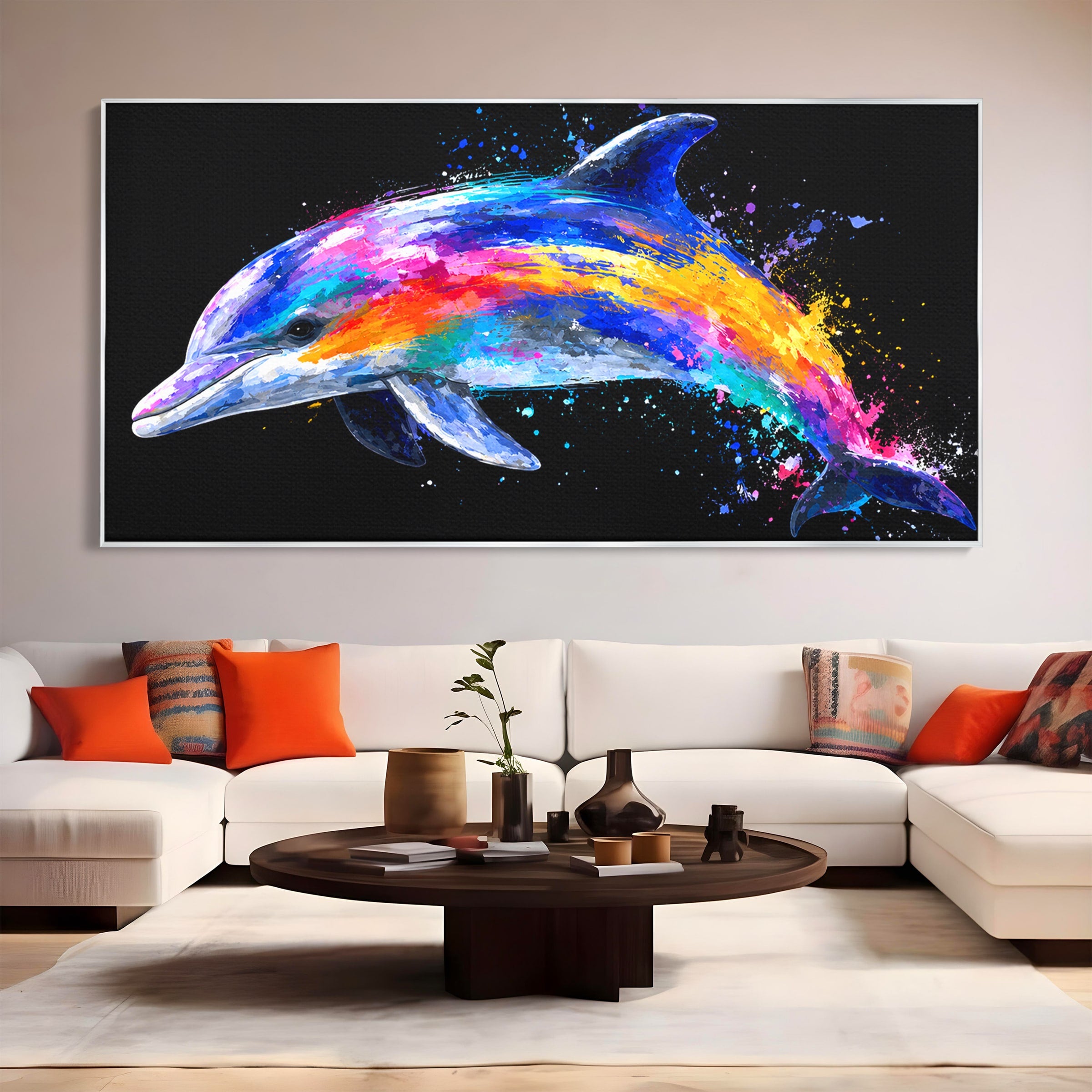 Tablou Canvas Premium LuxCanva® M1616, Delfinul Curcubeu, Delfin, Curcubeu, Ocean, Arta Abstracta, Living, Culori Vibrante