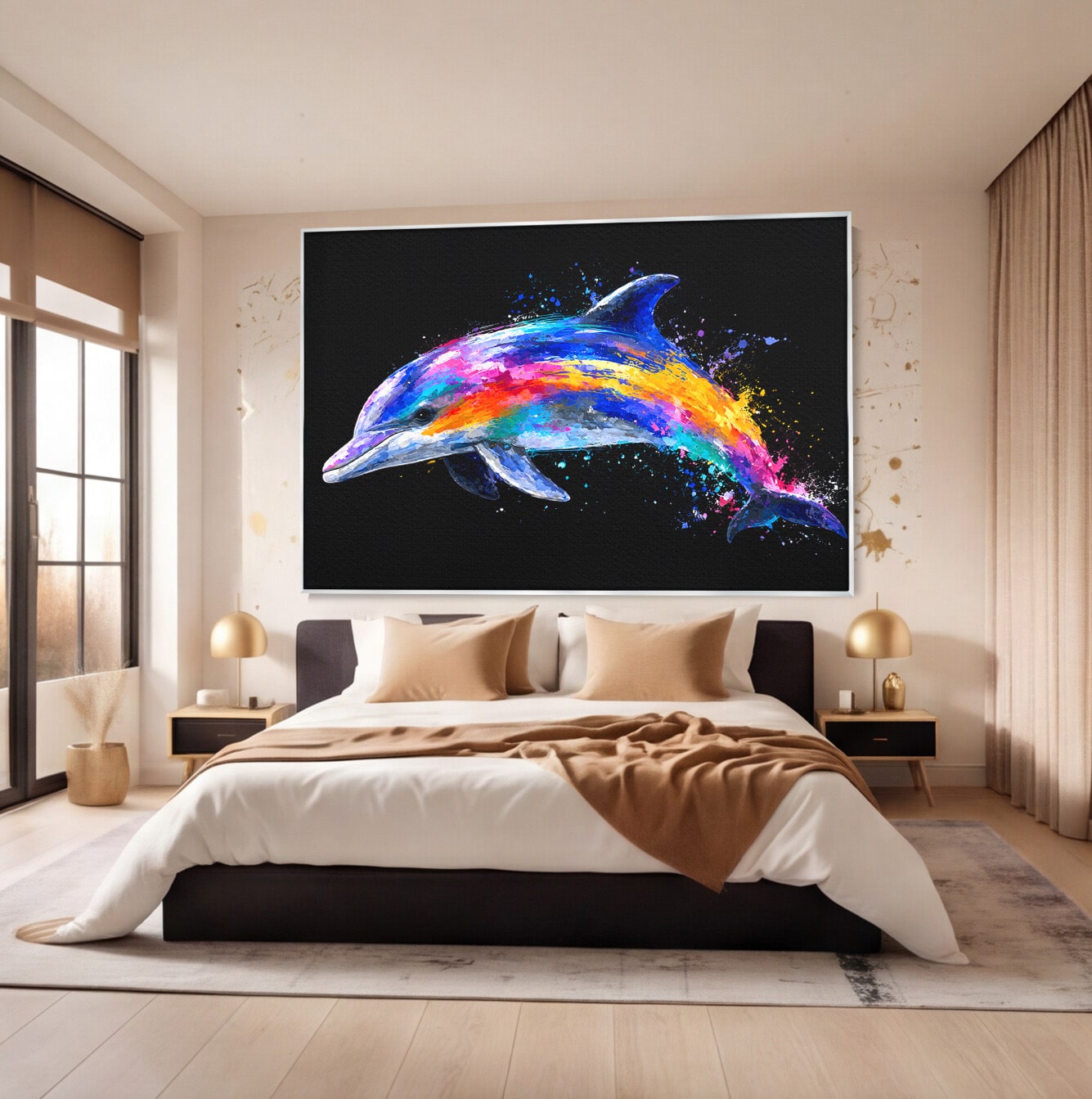 Tablou Canvas Premium LuxCanva® M1616, Delfinul Curcubeu, Delfin, Curcubeu, Ocean, Arta Abstracta, Living, Culori Vibrante