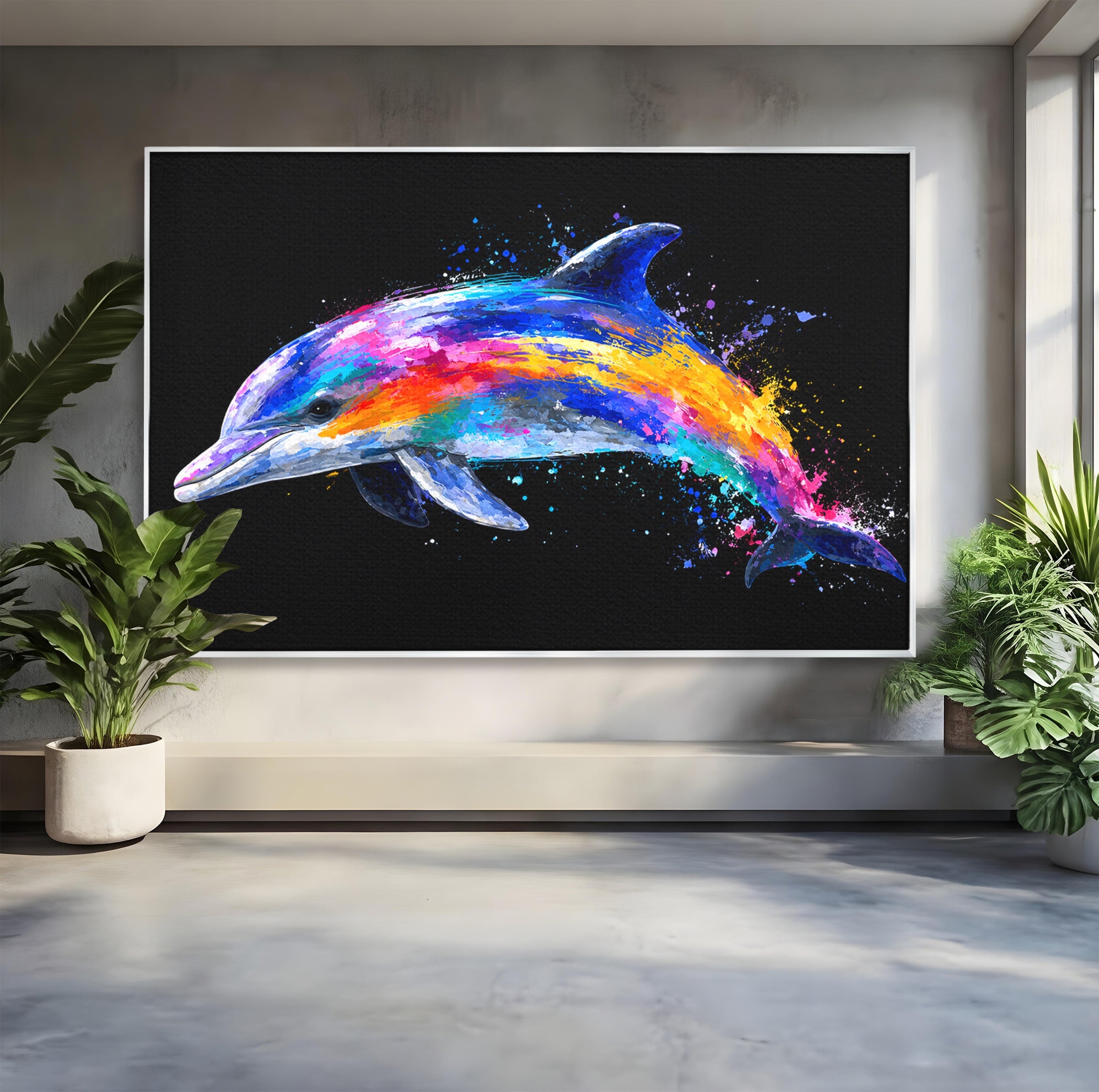 Tablou Canvas Premium LuxCanva® M1616, Delfinul Curcubeu, Delfin, Curcubeu, Ocean, Arta Abstracta, Living, Culori Vibrante