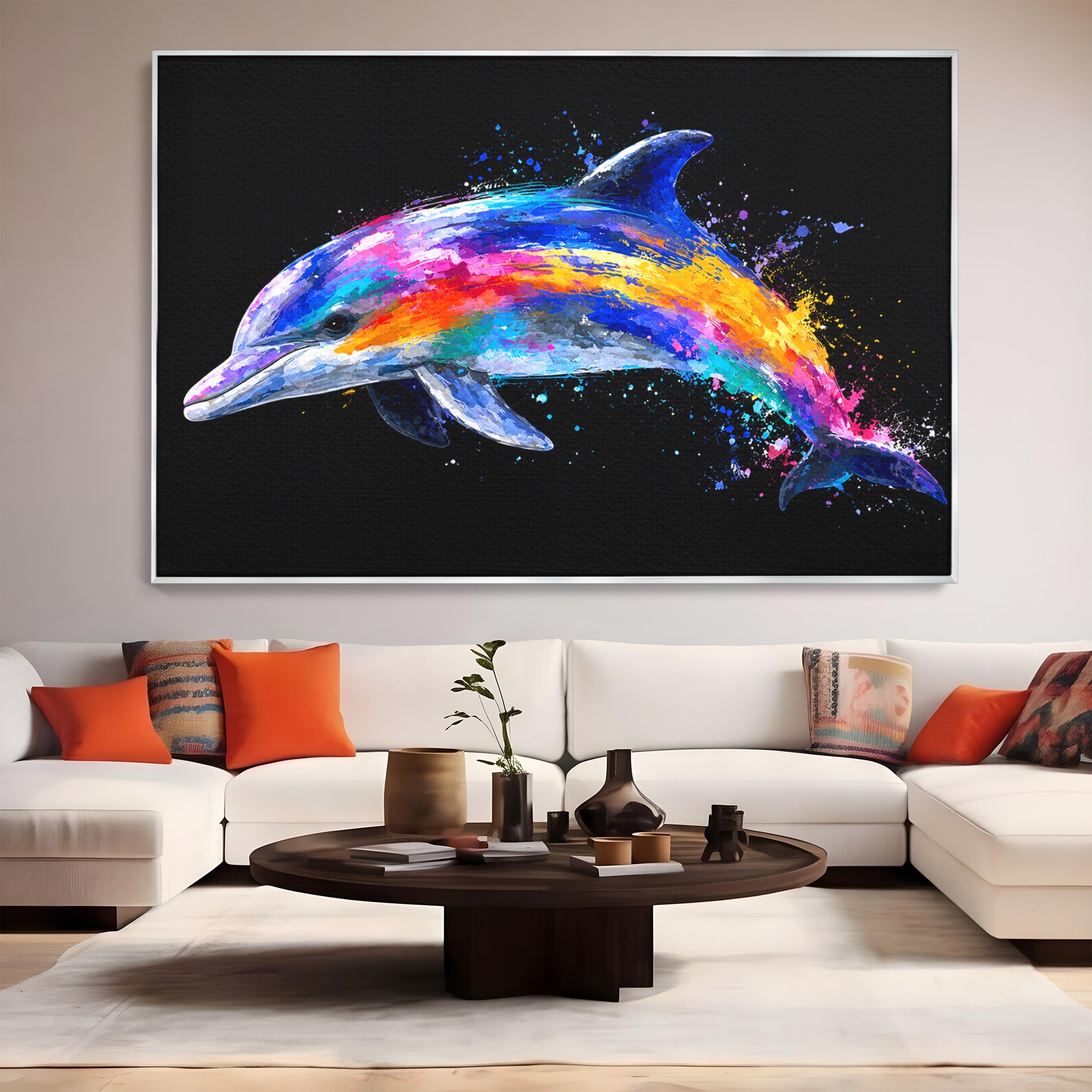 Tablou Canvas Premium LuxCanva® M1616, Delfinul Curcubeu, Delfin, Curcubeu, Ocean, Arta Abstracta, Living, Culori Vibrante