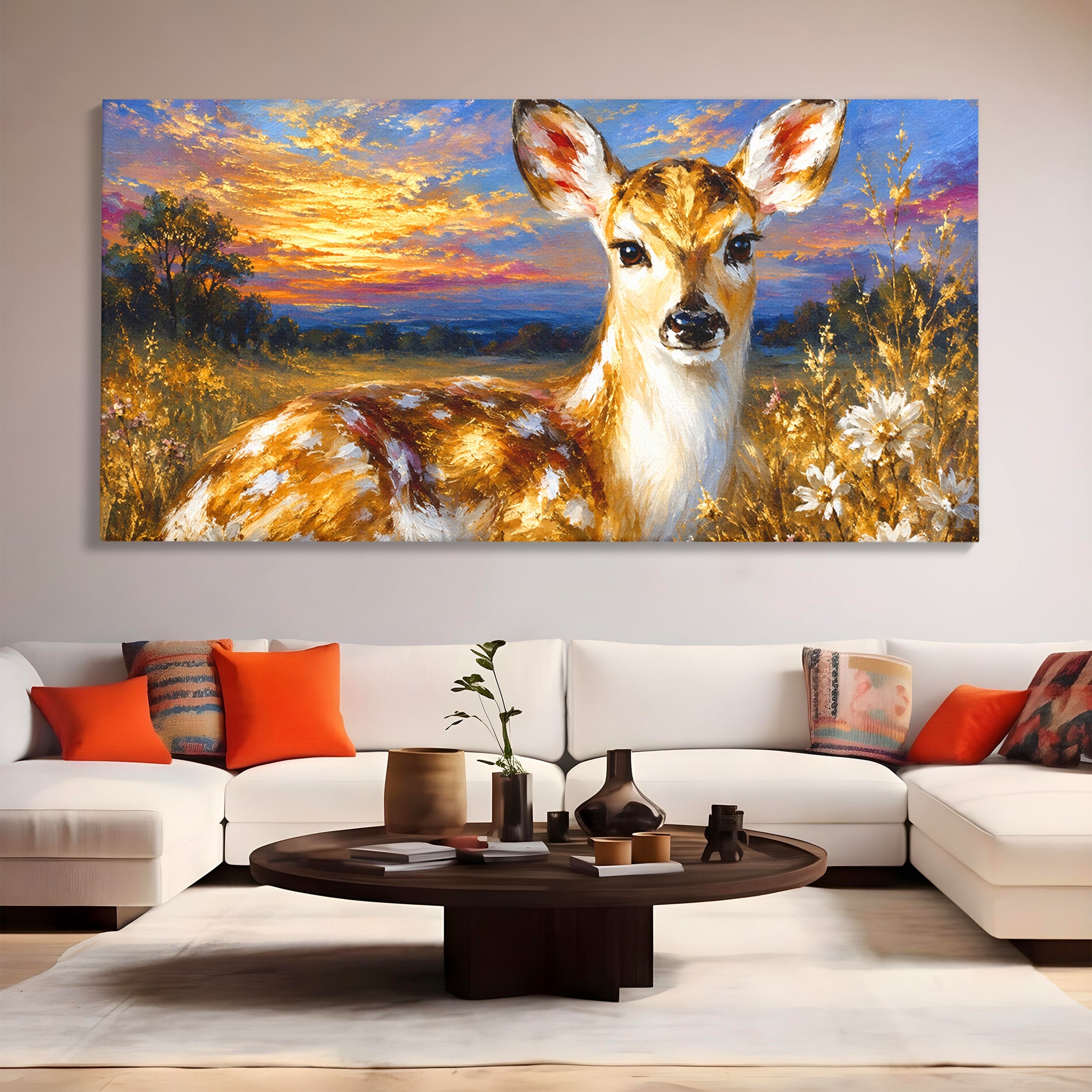 Tablou Canvas Premium LuxCanva® M1617, Caprioara La Apus, Caprioara, Apus, Natura, Peisaj, Living, Dormitor, Culori Vibrante