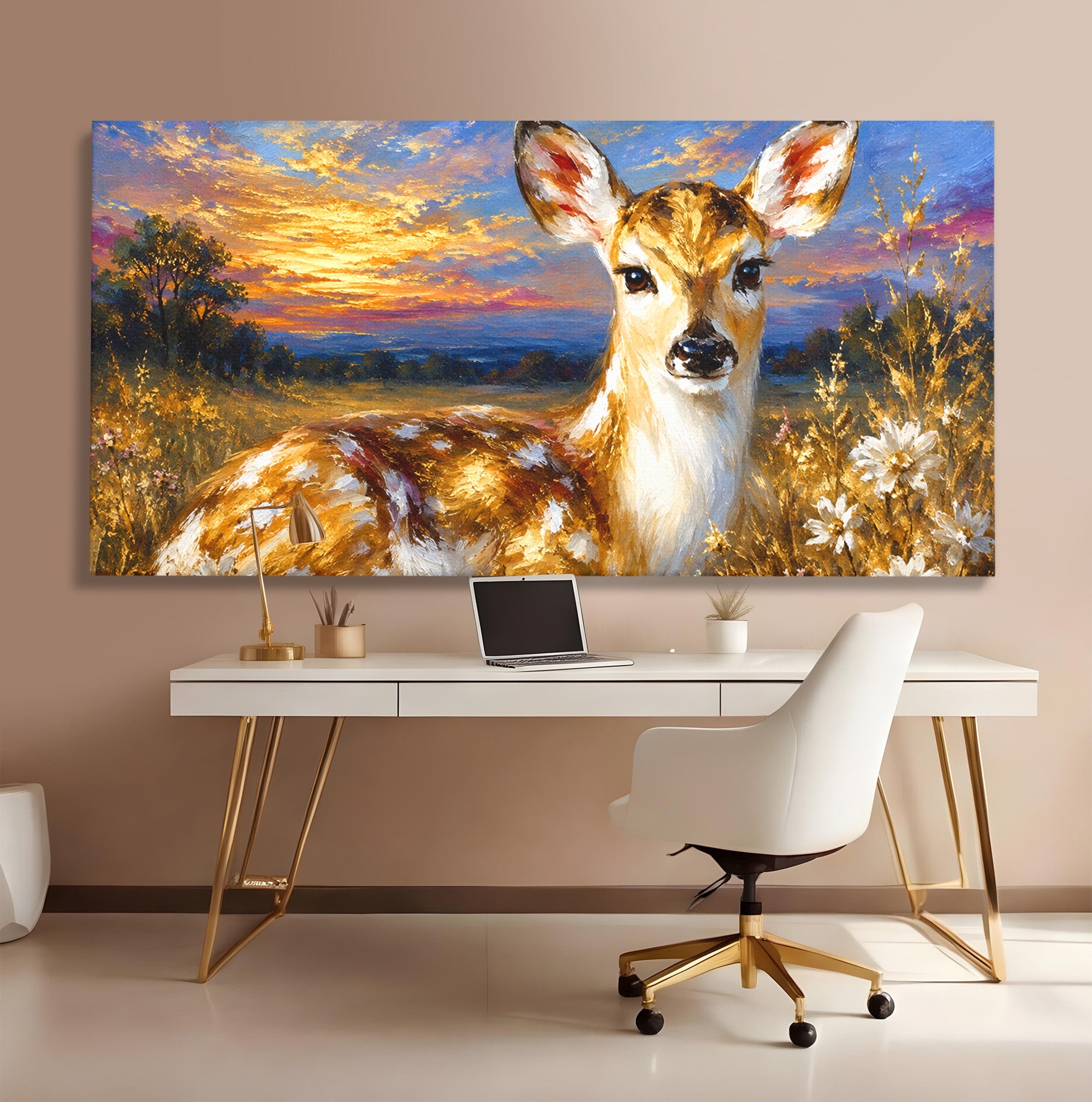 Tablou Canvas Premium LuxCanva® M1617, Caprioara La Apus, Caprioara, Apus, Natura, Peisaj, Living, Dormitor, Culori Vibrante