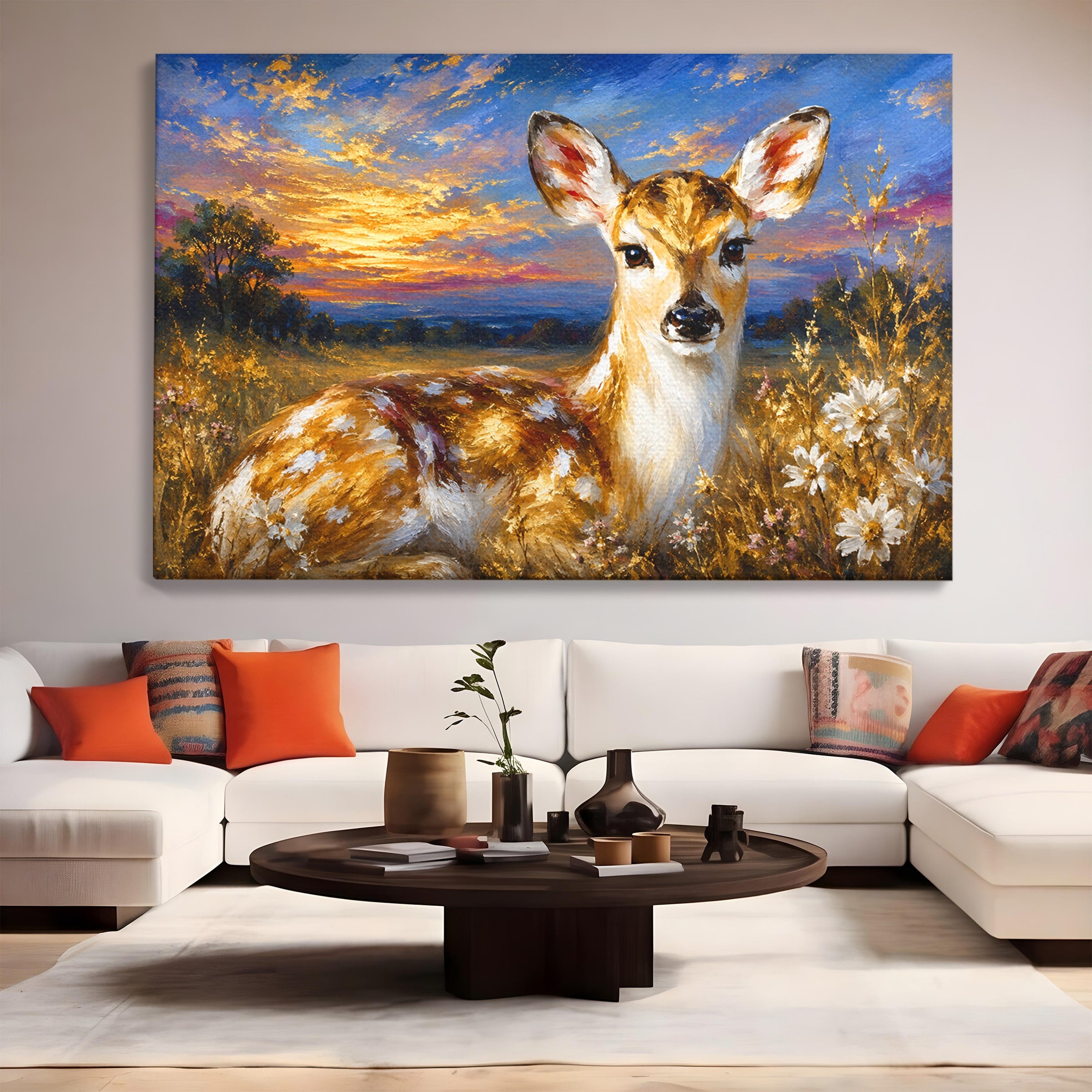 Tablou Canvas Premium LuxCanva® M1617, Caprioara La Apus, Caprioara, Apus, Natura, Peisaj, Living, Dormitor, Culori Vibrante
