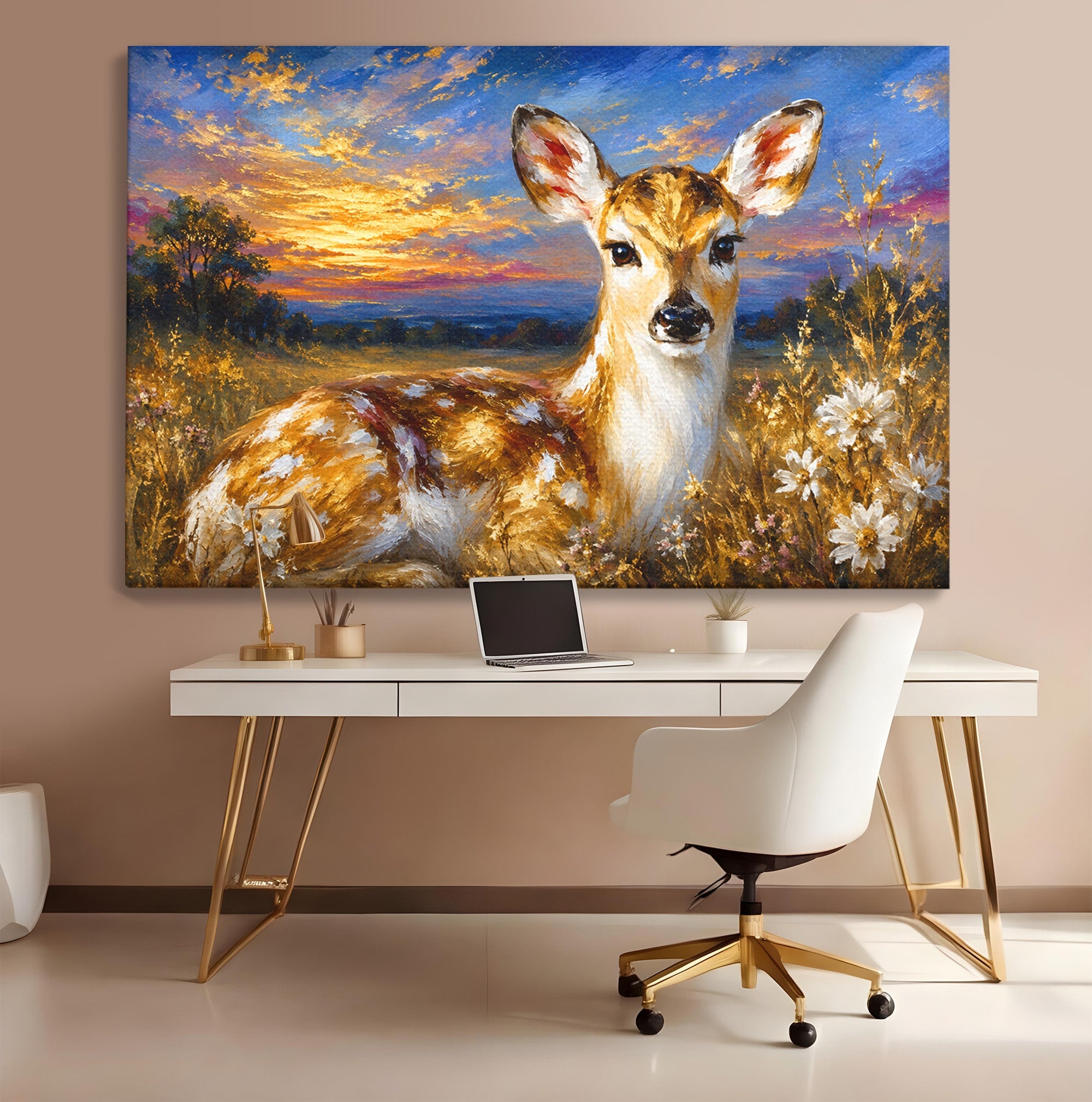Tablou Canvas Premium LuxCanva® M1617, Caprioara La Apus, Caprioara, Apus, Natura, Peisaj, Living, Dormitor, Culori Vibrante
