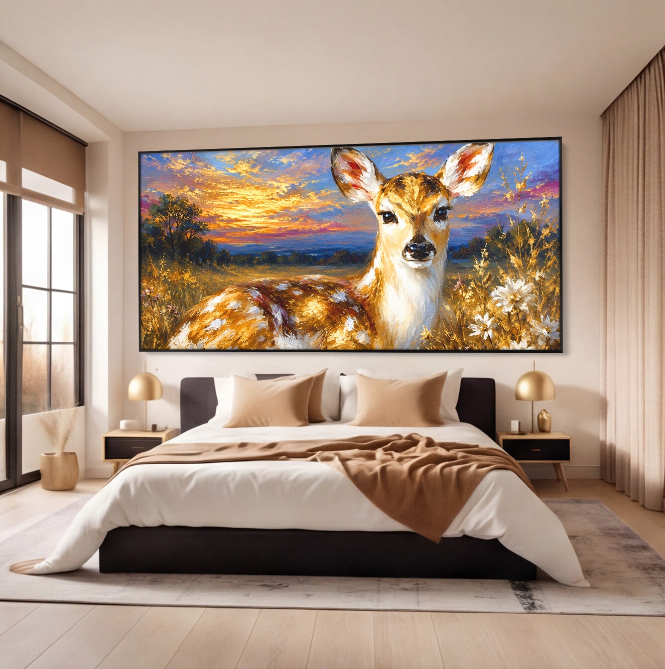 Tablou Canvas Premium LuxCanva® M1617, Caprioara La Apus, Caprioara, Apus, Natura, Peisaj, Living, Dormitor, Culori Vibrante