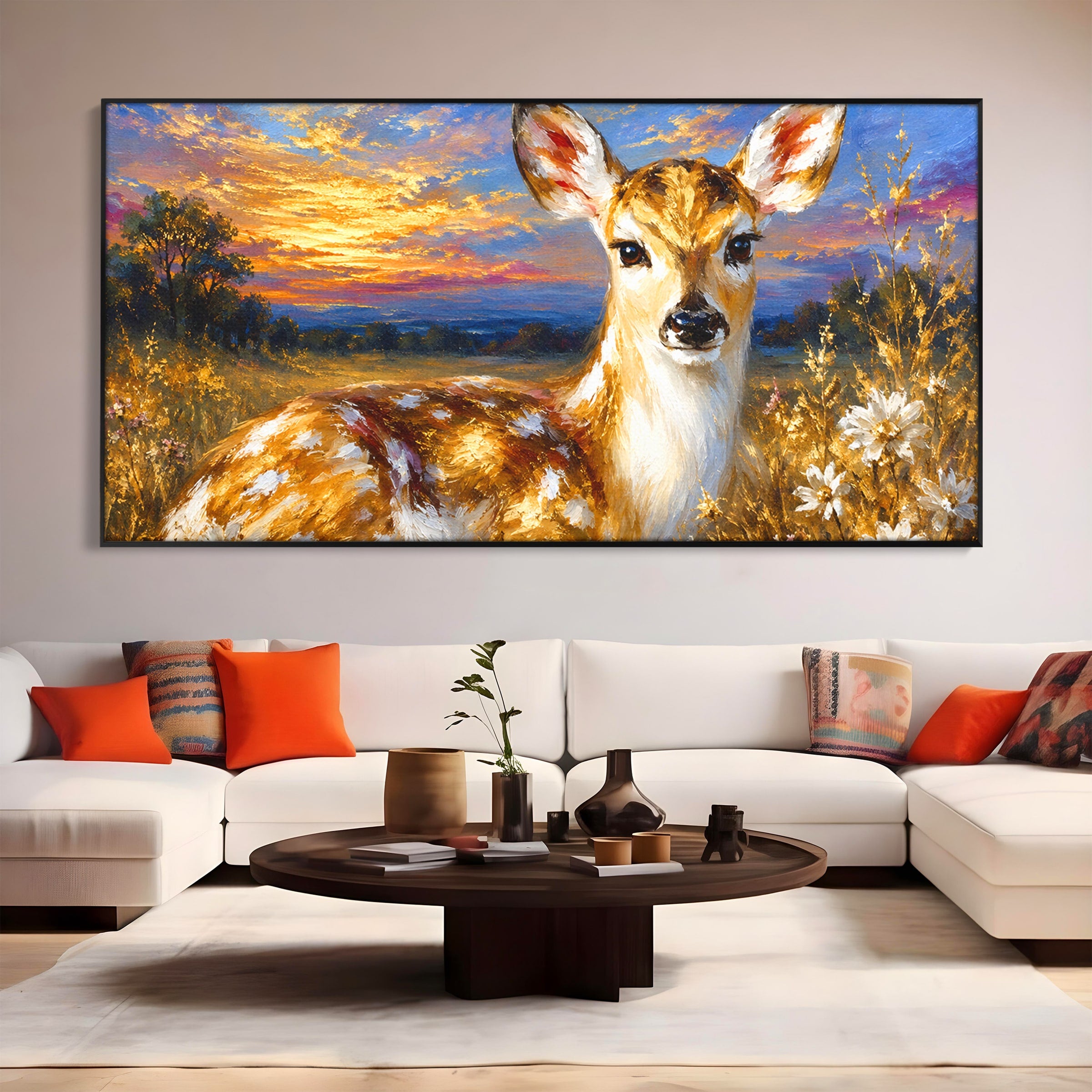 Tablou Canvas Premium LuxCanva® M1617, Caprioara La Apus, Caprioara, Apus, Natura, Peisaj, Living, Dormitor, Culori Vibrante