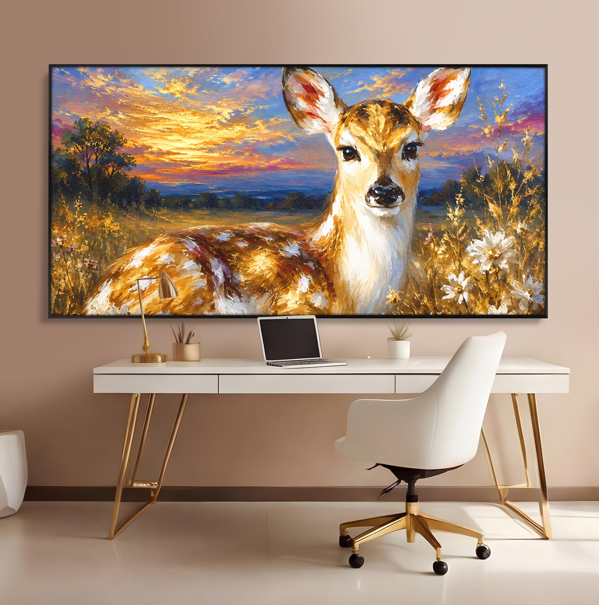 Tablou Canvas Premium LuxCanva® M1617, Caprioara La Apus, Caprioara, Apus, Natura, Peisaj, Living, Dormitor, Culori Vibrante