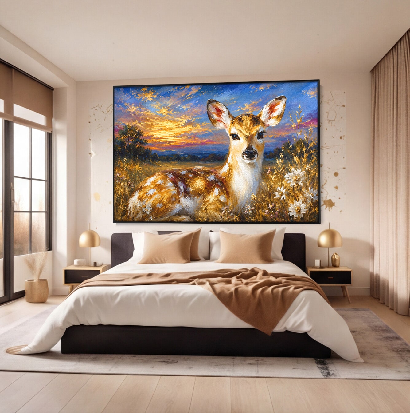 Tablou Canvas Premium LuxCanva® M1617, Caprioara La Apus, Caprioara, Apus, Natura, Peisaj, Living, Dormitor, Culori Vibrante
