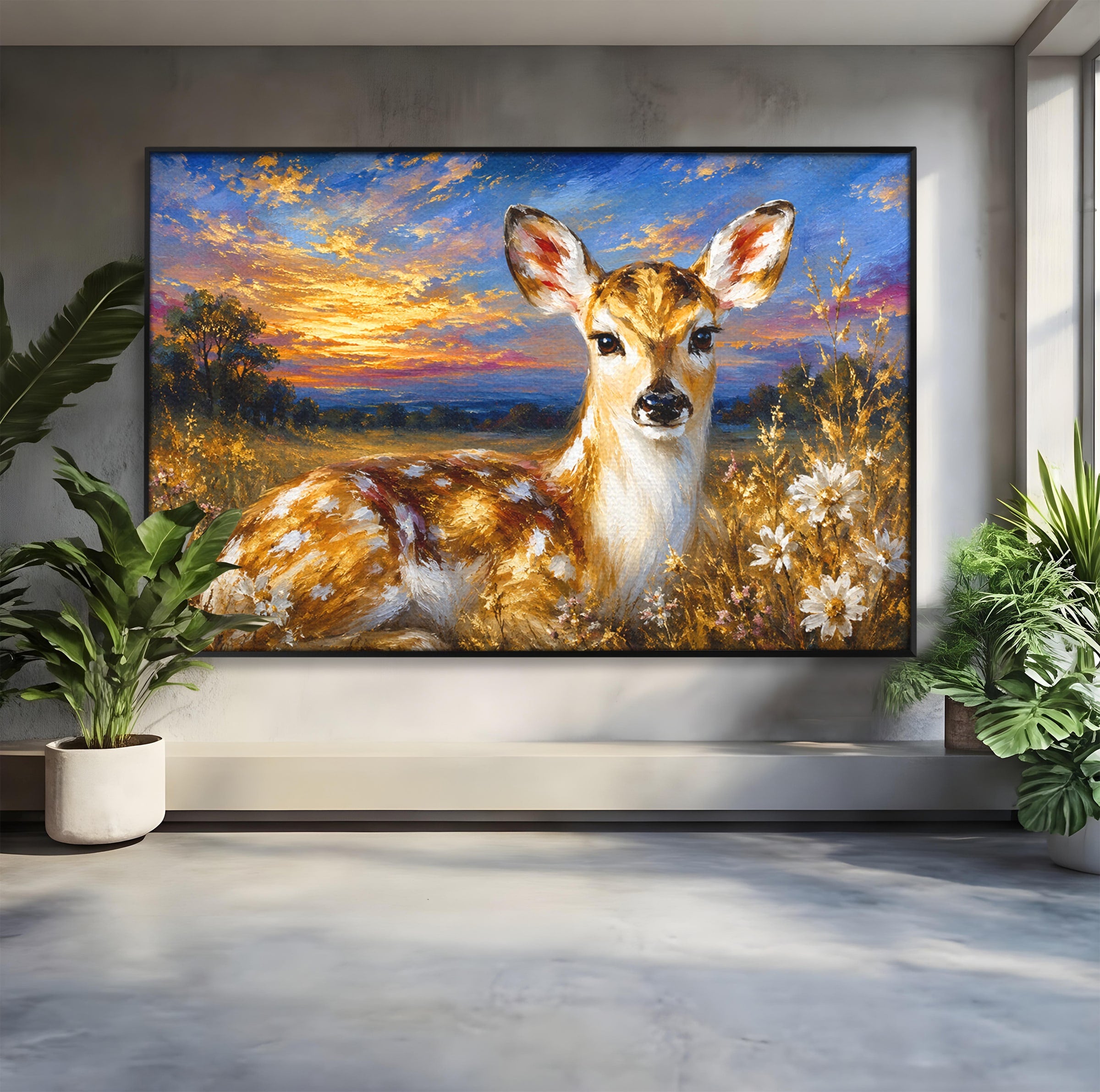 Tablou Canvas Premium LuxCanva® M1617, Caprioara La Apus, Caprioara, Apus, Natura, Peisaj, Living, Dormitor, Culori Vibrante