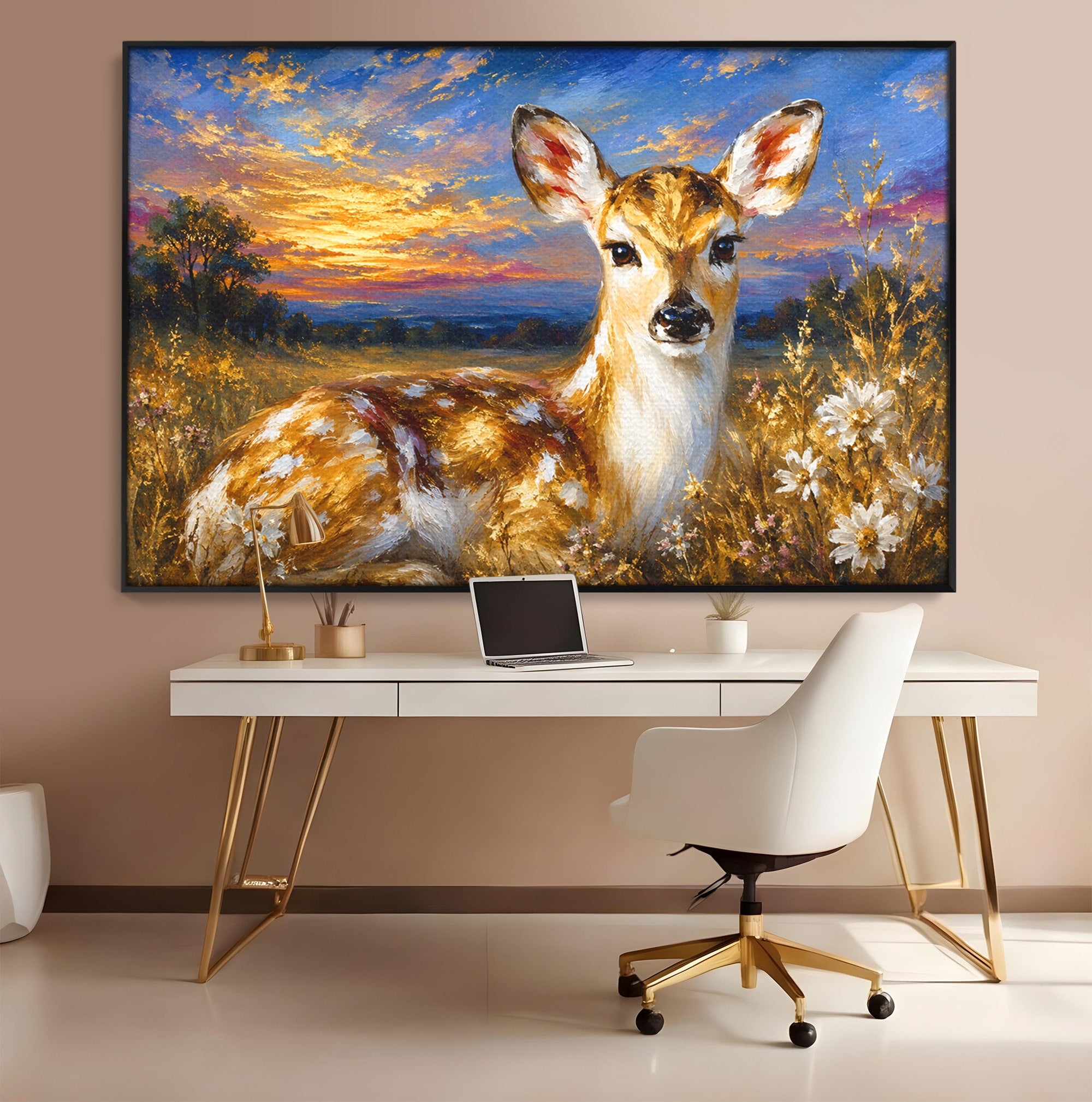 Tablou Canvas Premium LuxCanva® M1617, Caprioara La Apus, Caprioara, Apus, Natura, Peisaj, Living, Dormitor, Culori Vibrante