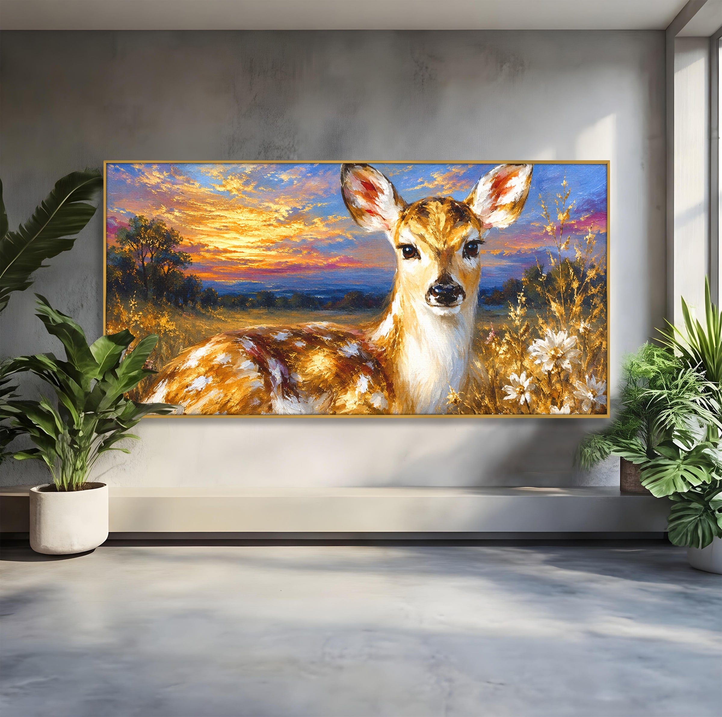 Tablou Canvas Premium LuxCanva® M1617, Caprioara La Apus, Caprioara, Apus, Natura, Peisaj, Living, Dormitor, Culori Vibrante