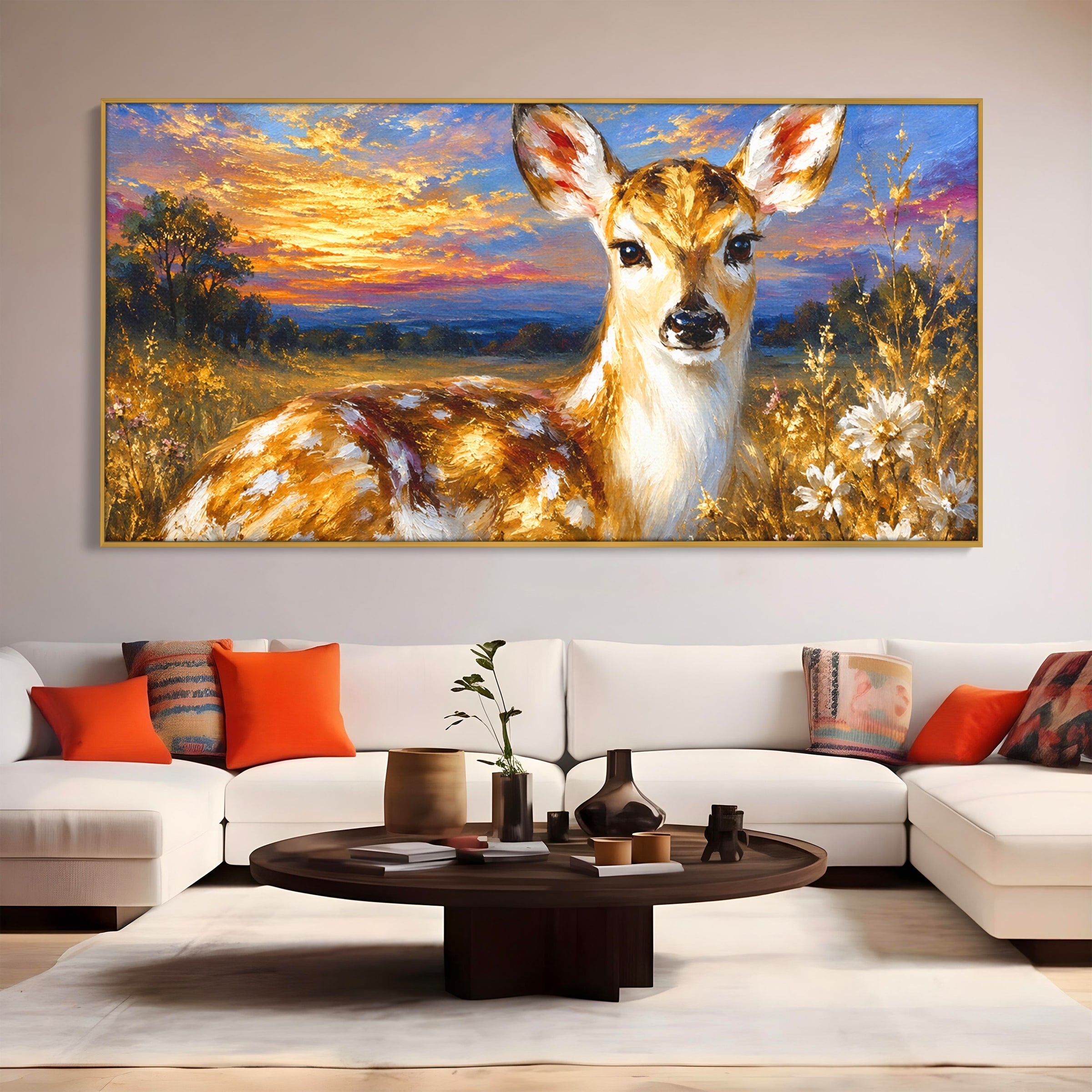 Tablou Canvas Premium LuxCanva® M1617, Caprioara La Apus, Caprioara, Apus, Natura, Peisaj, Living, Dormitor, Culori Vibrante