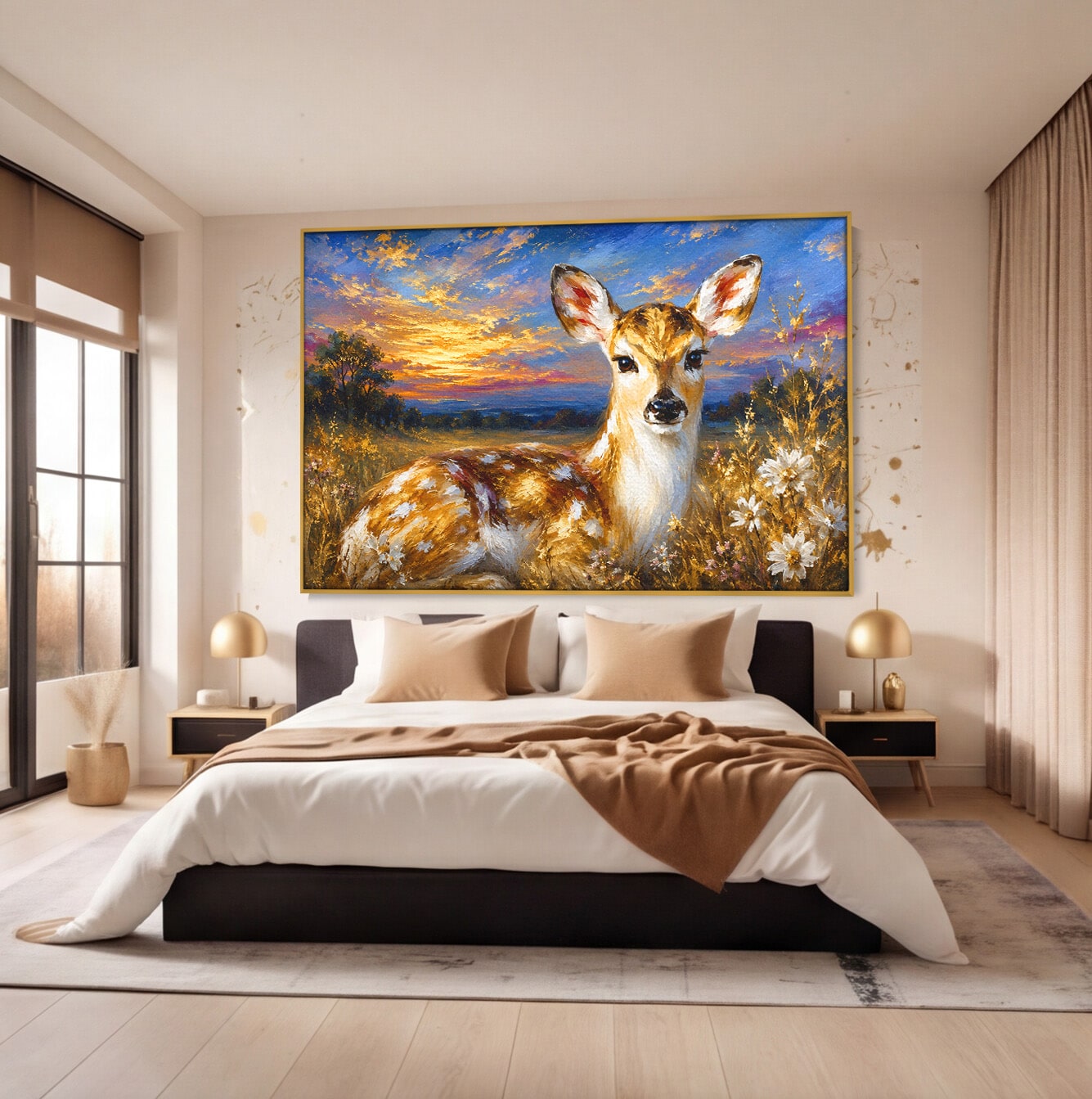 Tablou Canvas Premium LuxCanva® M1617, Caprioara La Apus, Caprioara, Apus, Natura, Peisaj, Living, Dormitor, Culori Vibrante