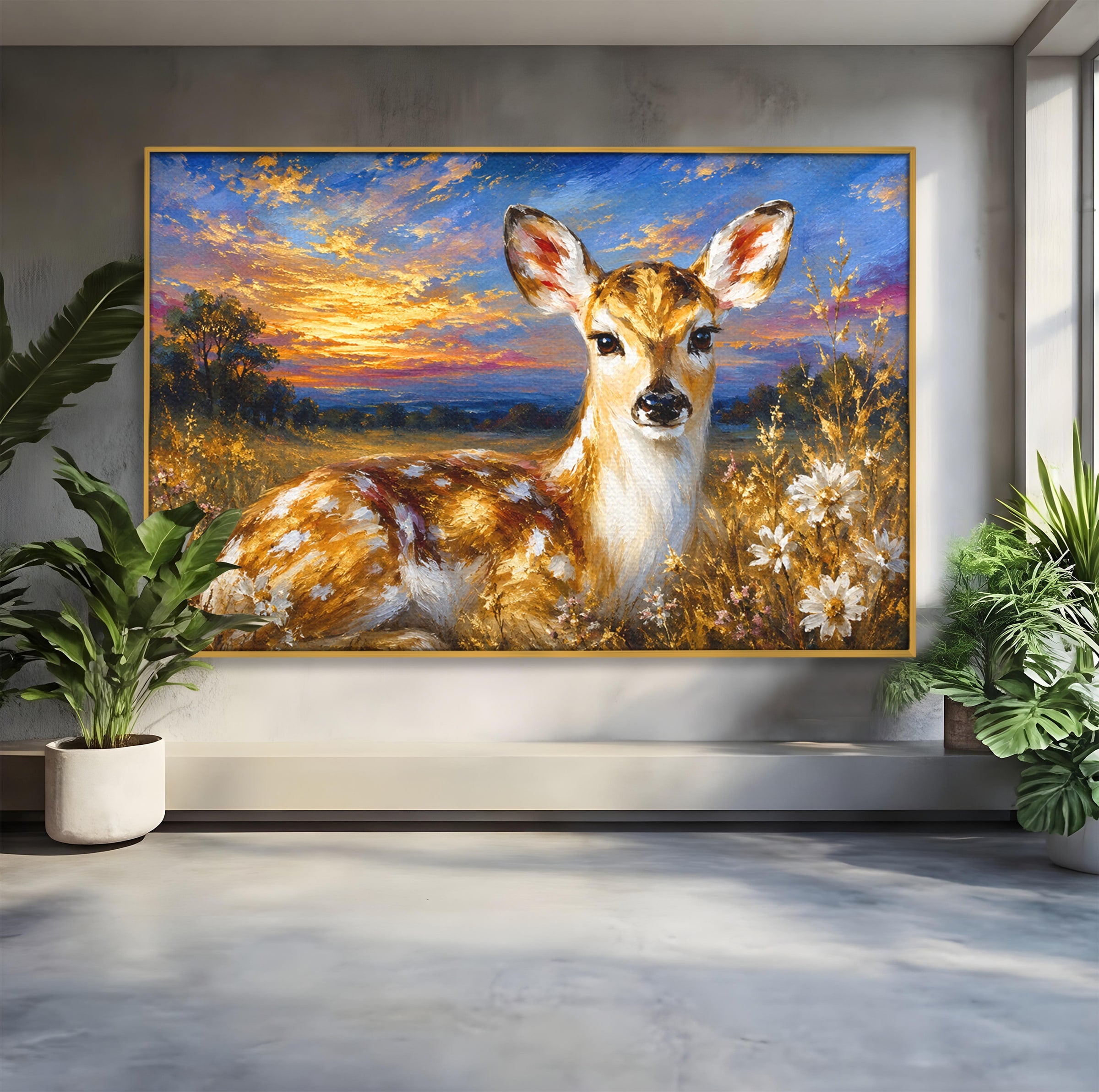 Tablou Canvas Premium LuxCanva® M1617, Caprioara La Apus, Caprioara, Apus, Natura, Peisaj, Living, Dormitor, Culori Vibrante