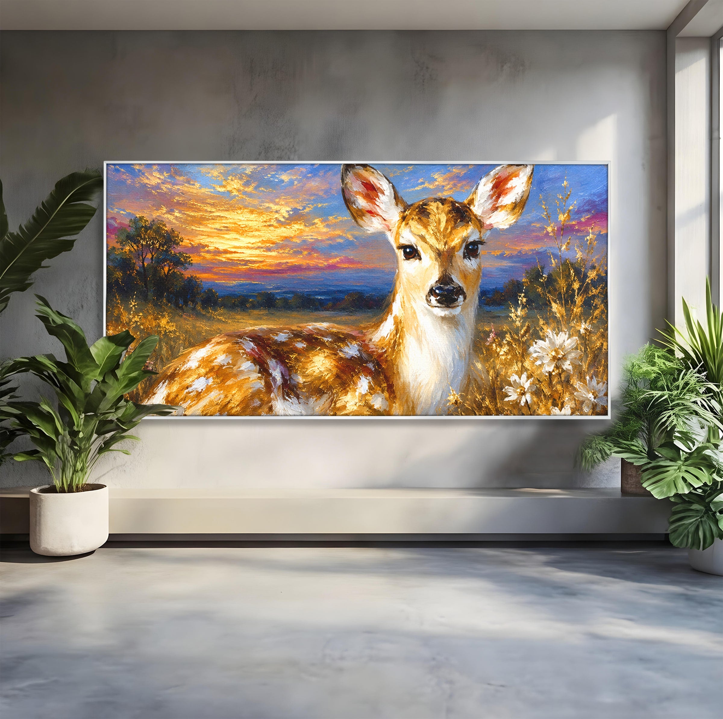 Tablou Canvas Premium LuxCanva® M1617, Caprioara La Apus, Caprioara, Apus, Natura, Peisaj, Living, Dormitor, Culori Vibrante
