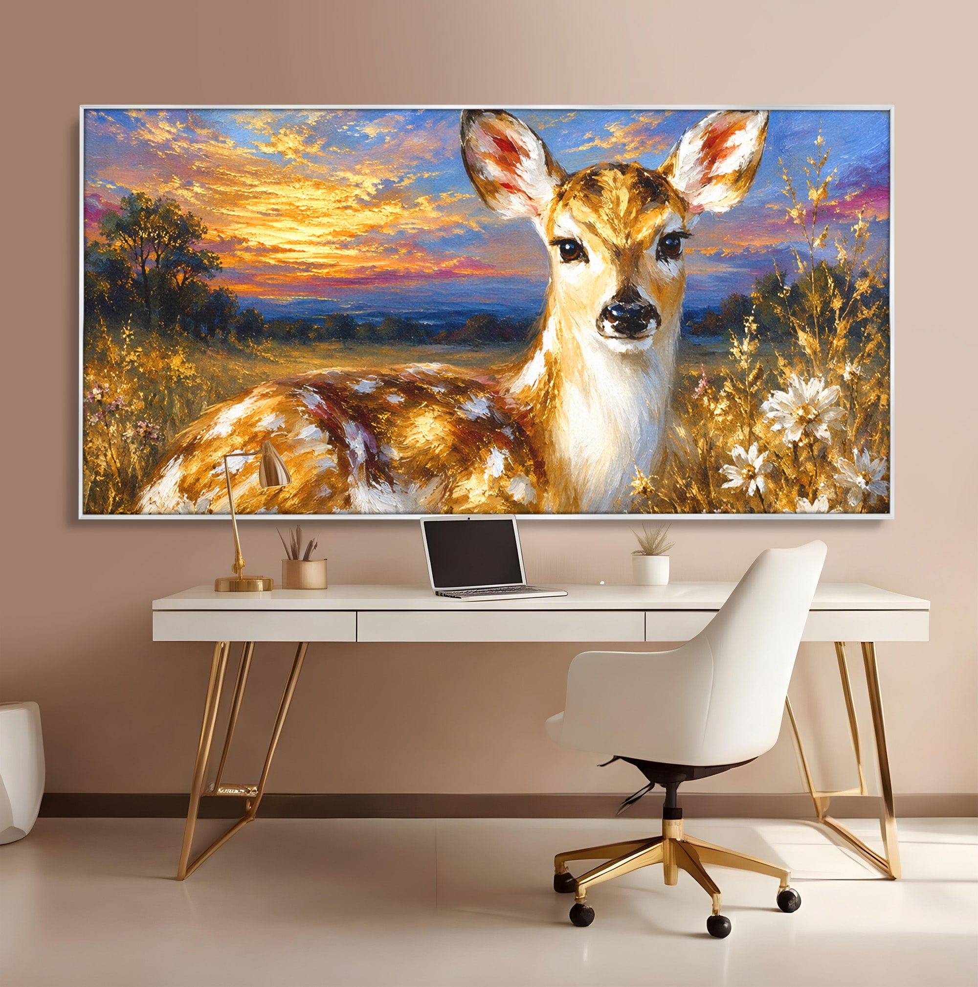 Tablou Canvas Premium LuxCanva® M1617, Caprioara La Apus, Caprioara, Apus, Natura, Peisaj, Living, Dormitor, Culori Vibrante