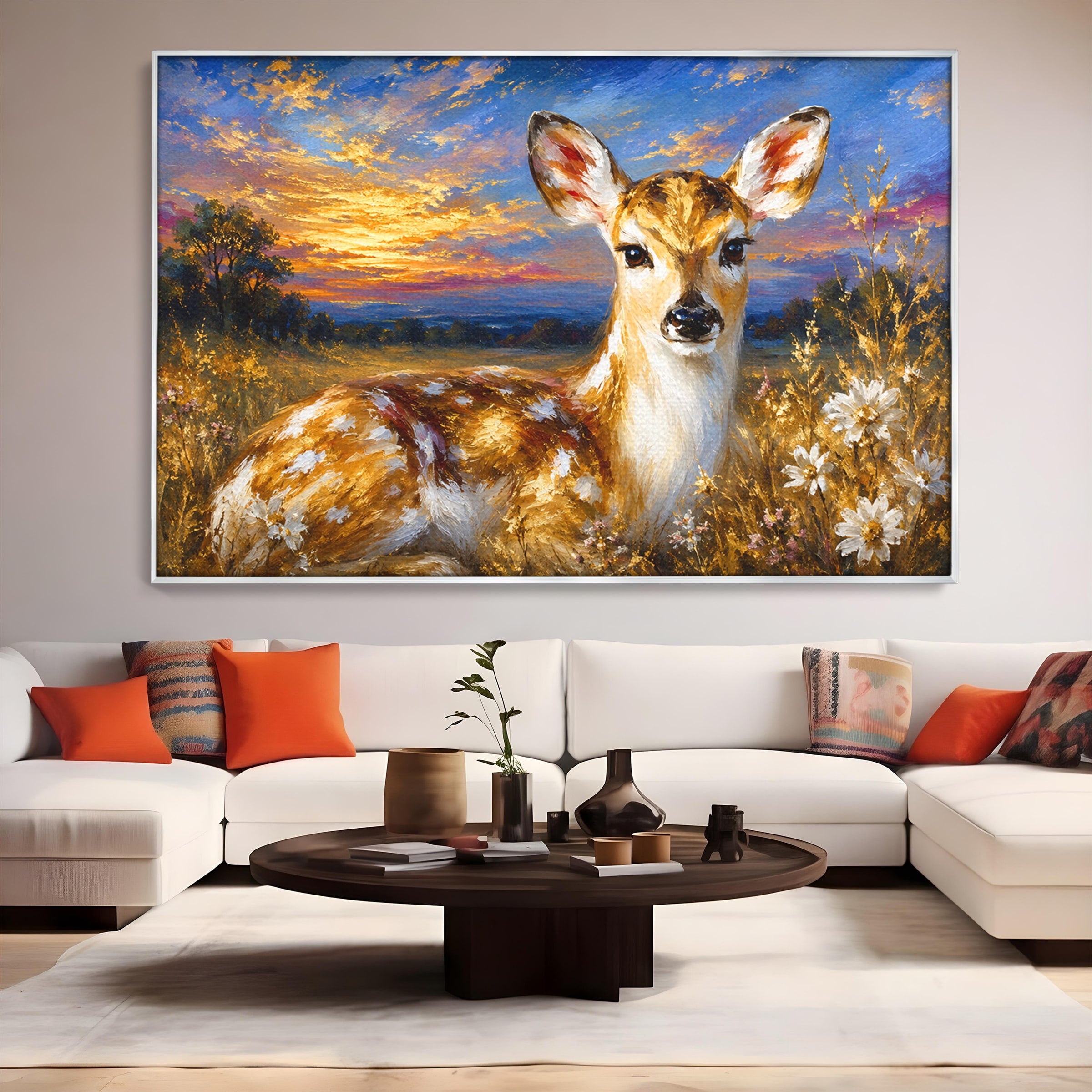 Tablou Canvas Premium LuxCanva® M1617, Caprioara La Apus, Caprioara, Apus, Natura, Peisaj, Living, Dormitor, Culori Vibrante