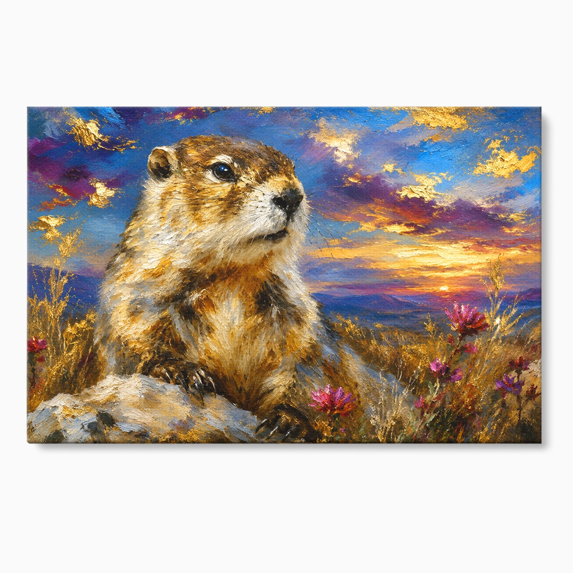 Tablou Canvas Premium LuxCanva® M1618, Marmota La Apus, Marmota, Apus, Natura, Peisaj, Living, Culori Vibrante