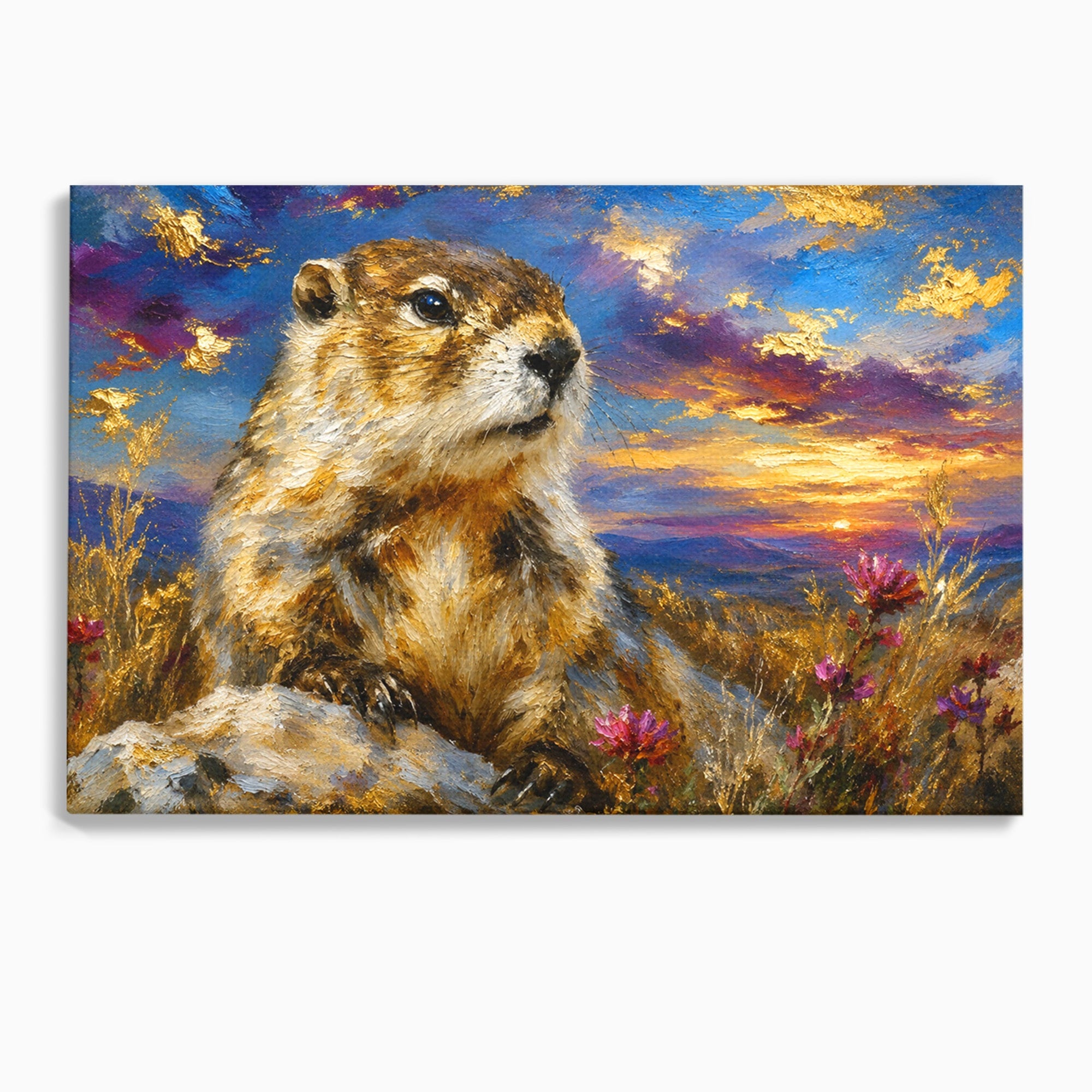 Tablou Canvas Premium LuxCanva® M1618, Marmota La Apus, Marmota, Apus, Natura, Peisaj, Living, Culori Vibrante