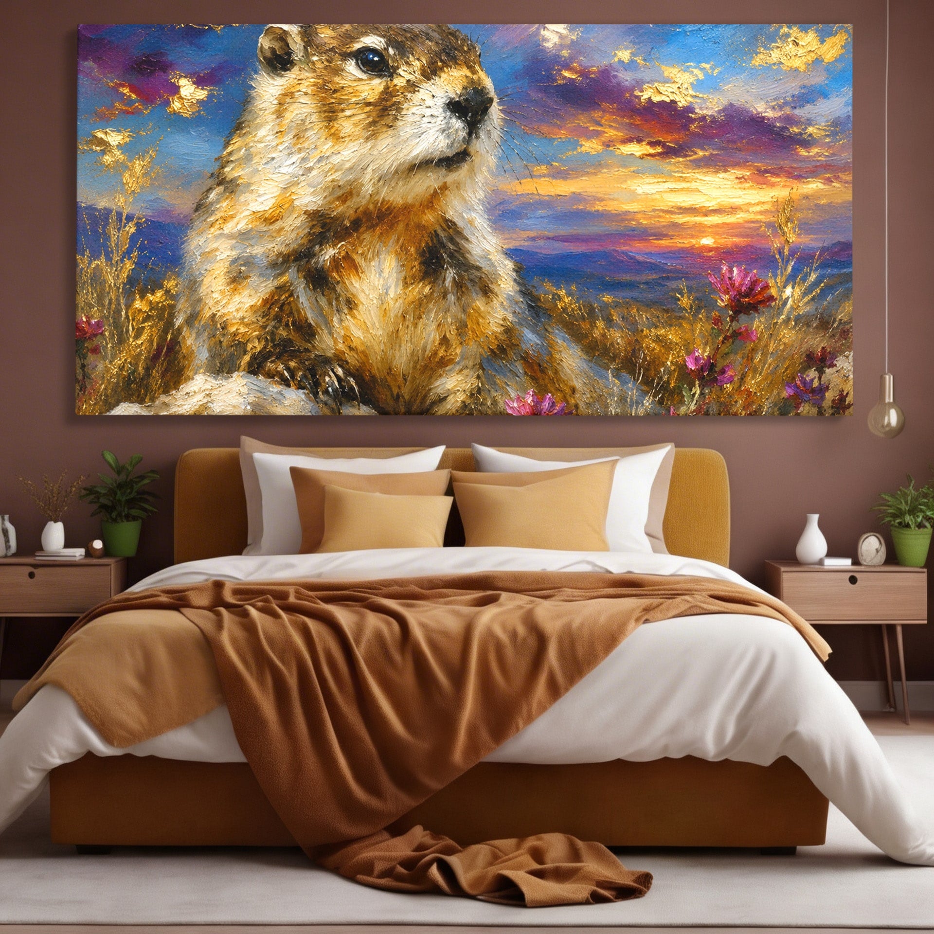 Tablou Canvas Premium LuxCanva® M1618, Marmota La Apus, Marmota, Apus, Natura, Peisaj, Living, Culori Vibrante
