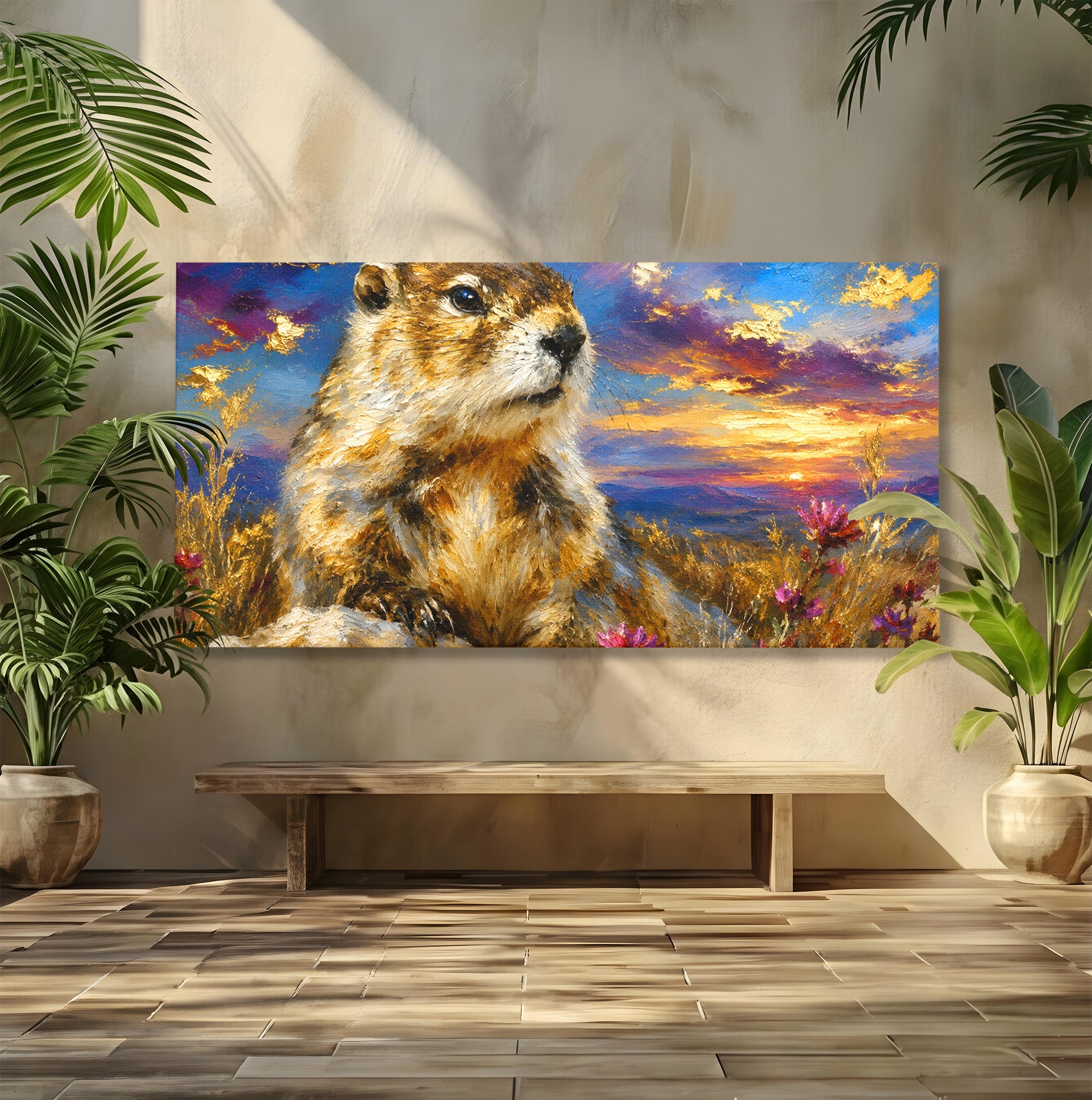 Tablou Canvas Premium LuxCanva® M1618, Marmota La Apus, Marmota, Apus, Natura, Peisaj, Living, Culori Vibrante