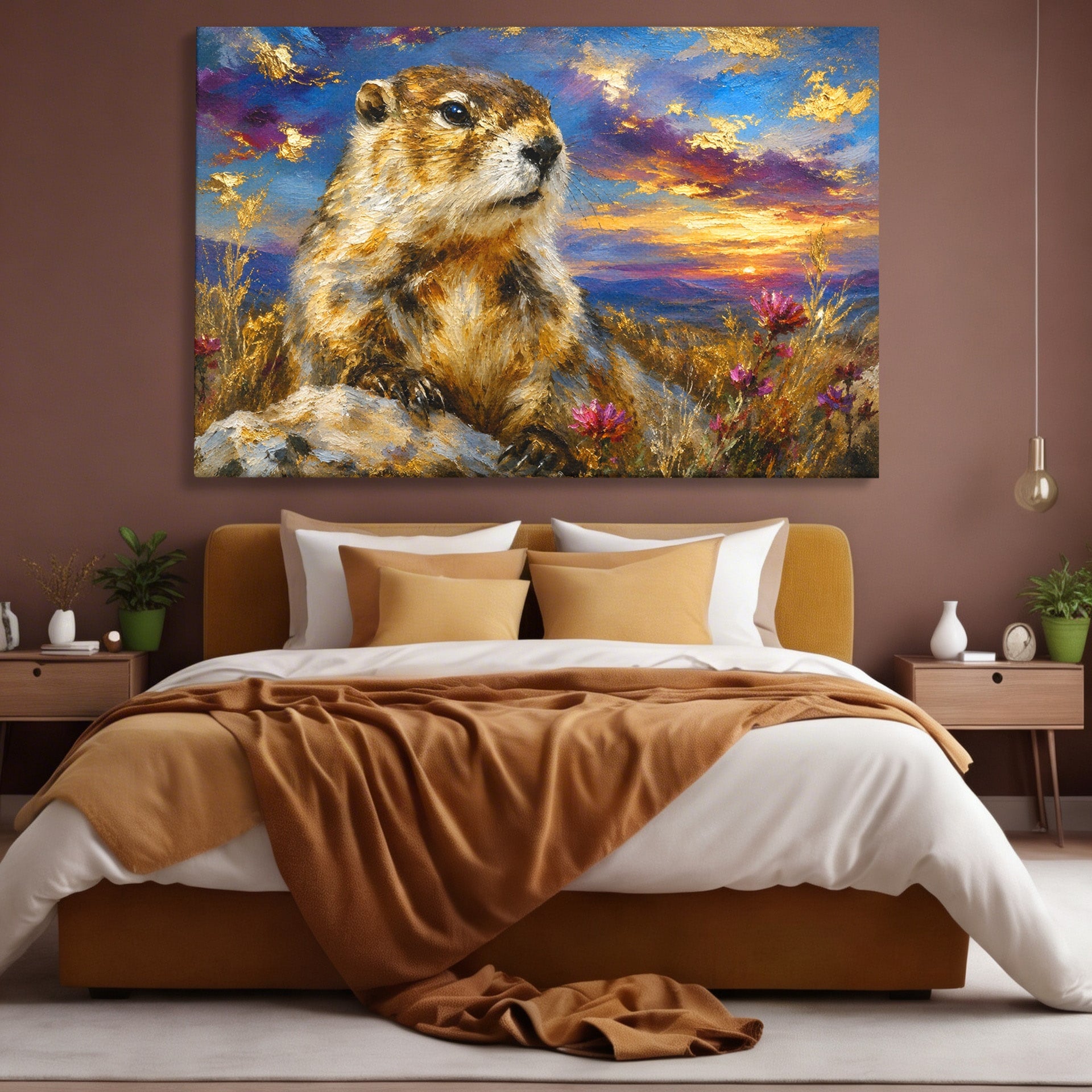 Tablou Canvas Premium LuxCanva® M1618, Marmota La Apus, Marmota, Apus, Natura, Peisaj, Living, Culori Vibrante