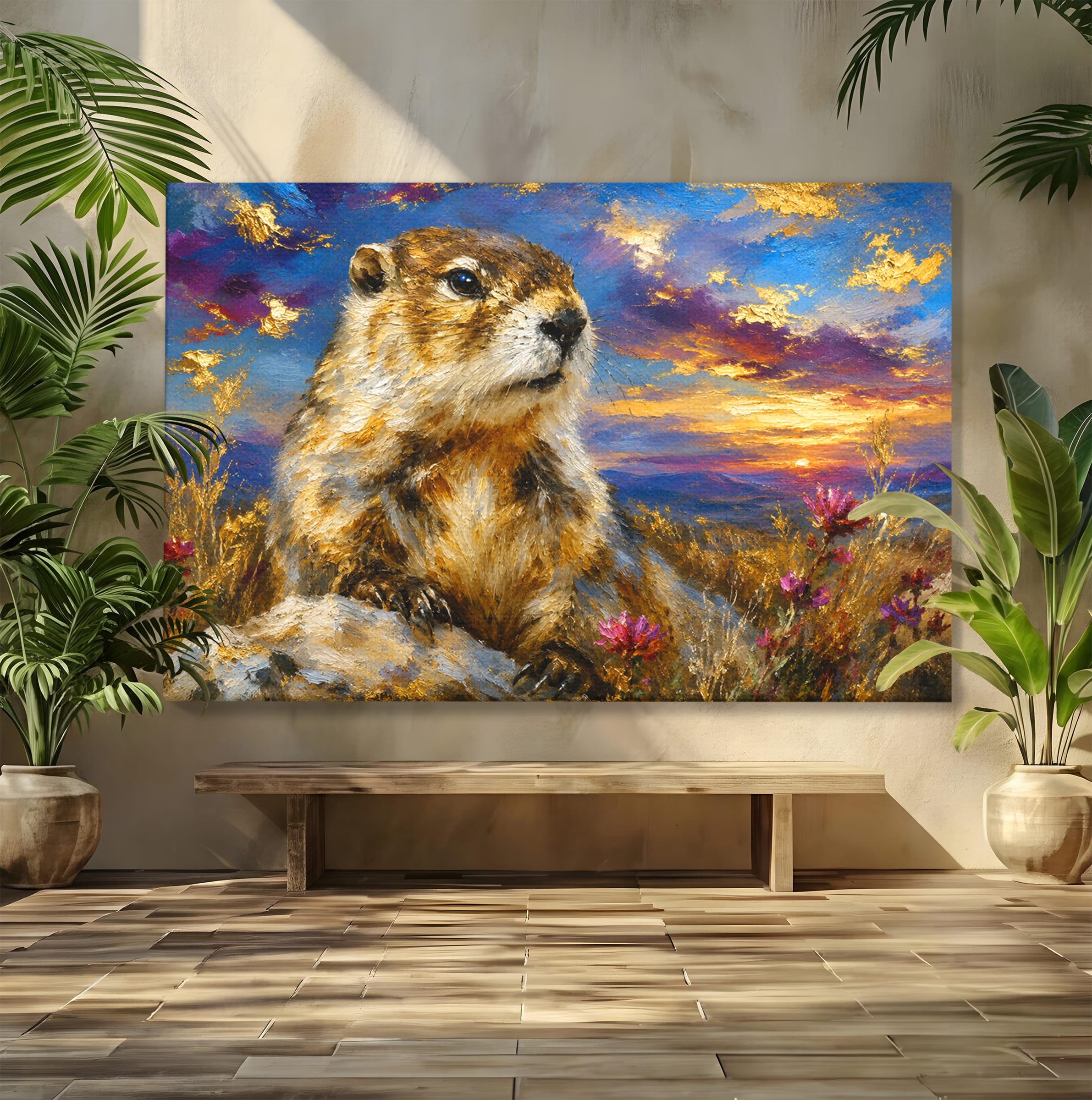 Tablou Canvas Premium LuxCanva® M1618, Marmota La Apus, Marmota, Apus, Natura, Peisaj, Living, Culori Vibrante