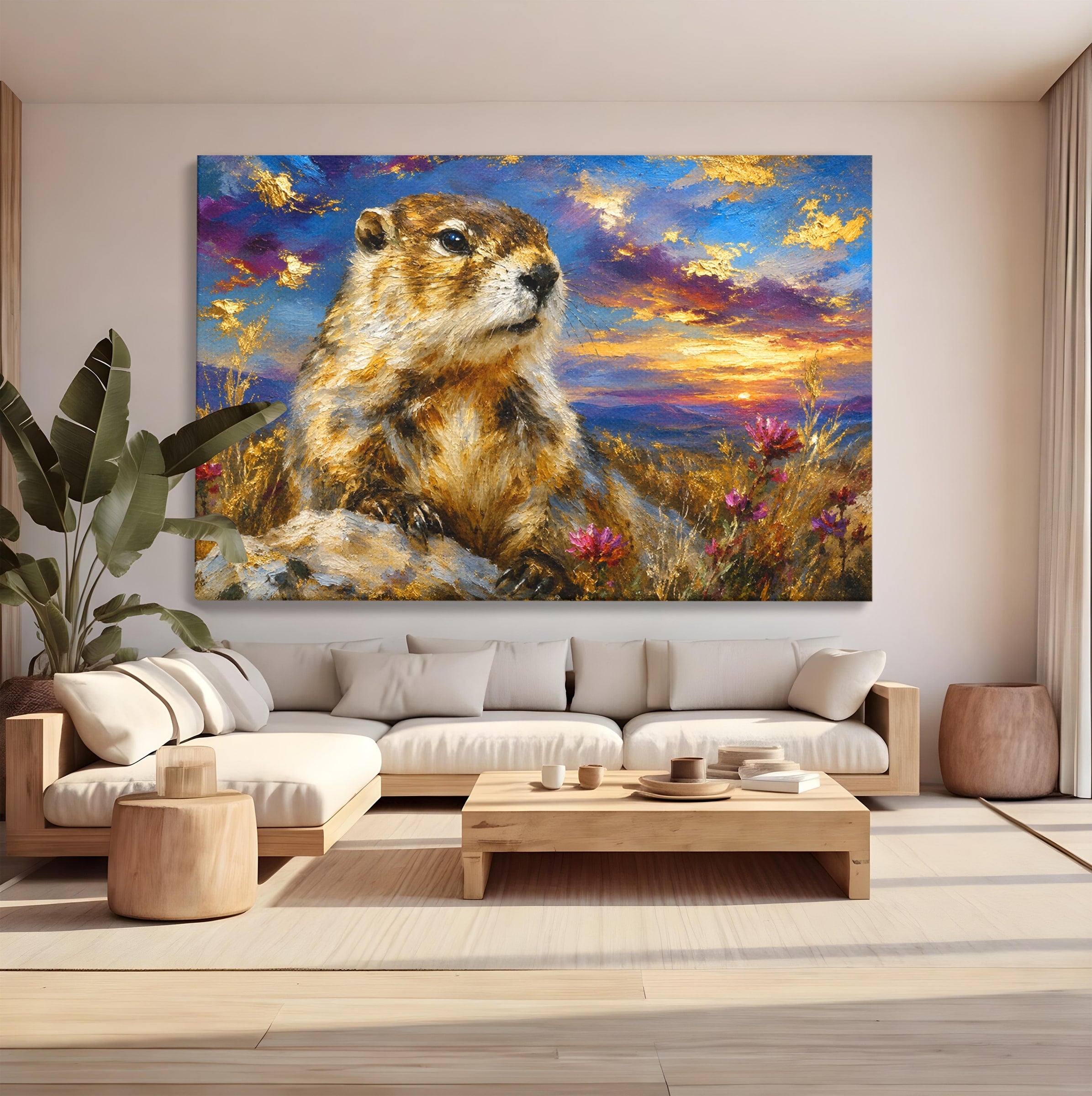 Tablou Canvas Premium LuxCanva® M1618, Marmota La Apus, Marmota, Apus, Natura, Peisaj, Living, Culori Vibrante