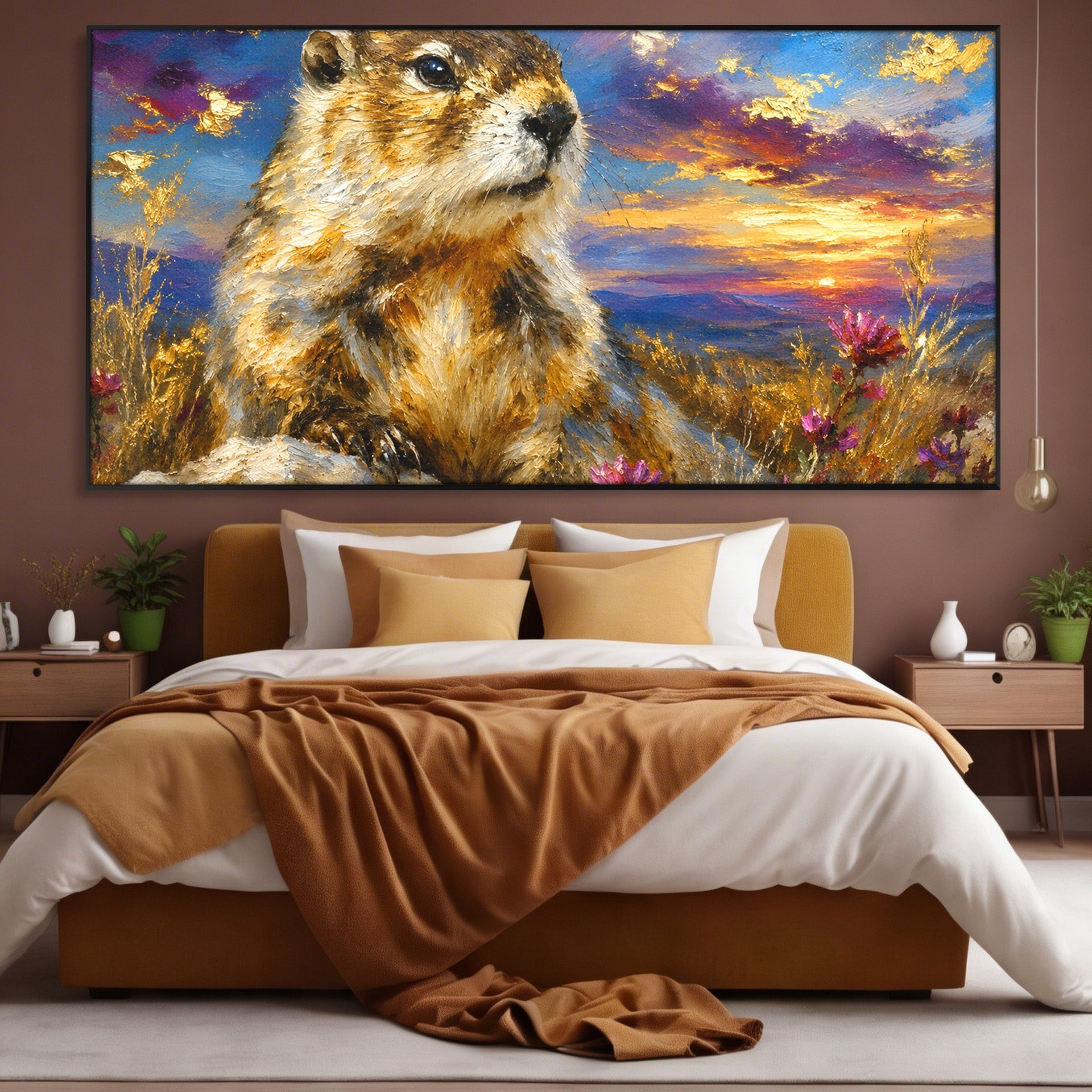 Tablou Canvas Premium LuxCanva® M1618, Marmota La Apus, Marmota, Apus, Natura, Peisaj, Living, Culori Vibrante