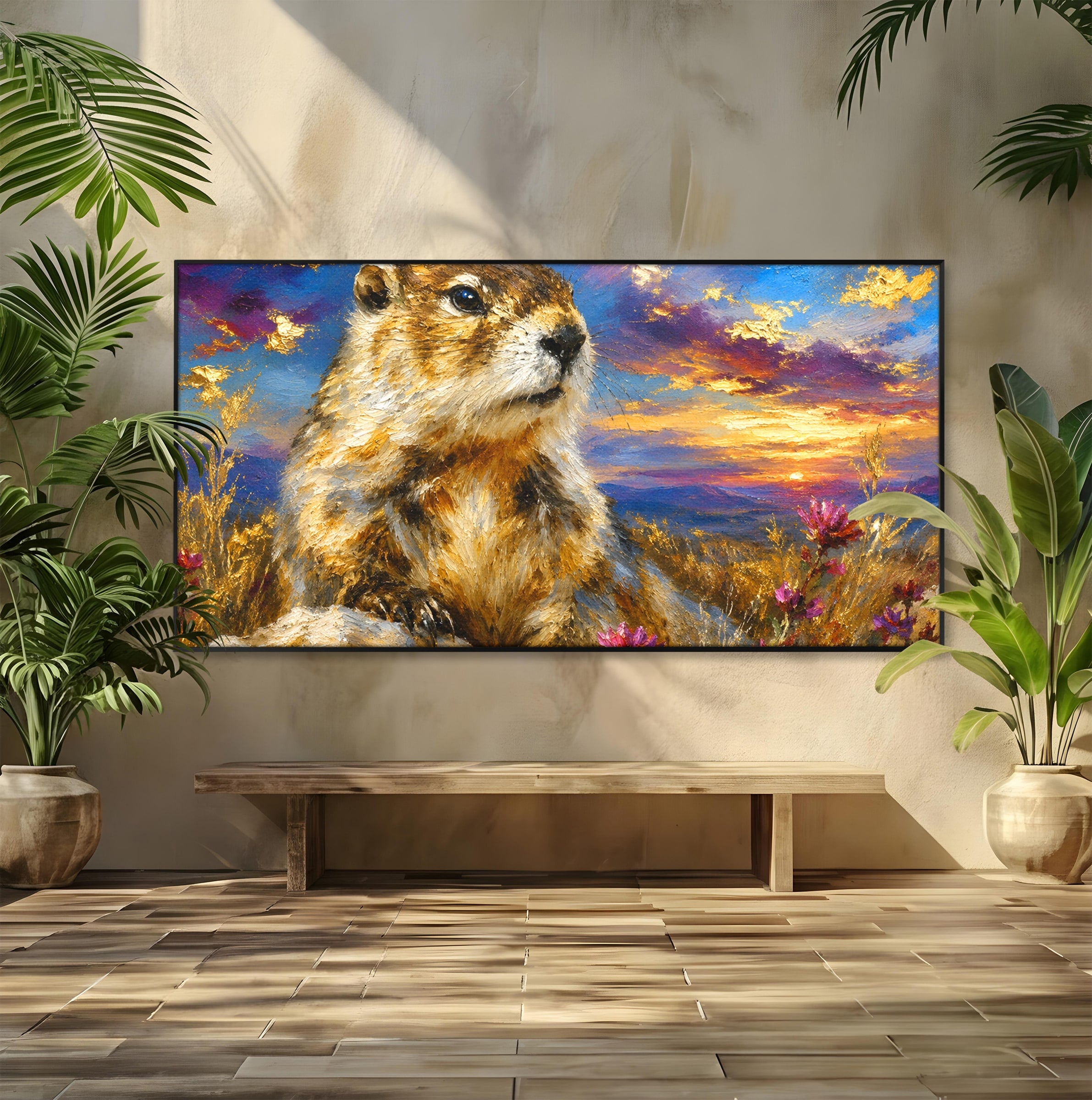 Tablou Canvas Premium LuxCanva® M1618, Marmota La Apus, Marmota, Apus, Natura, Peisaj, Living, Culori Vibrante